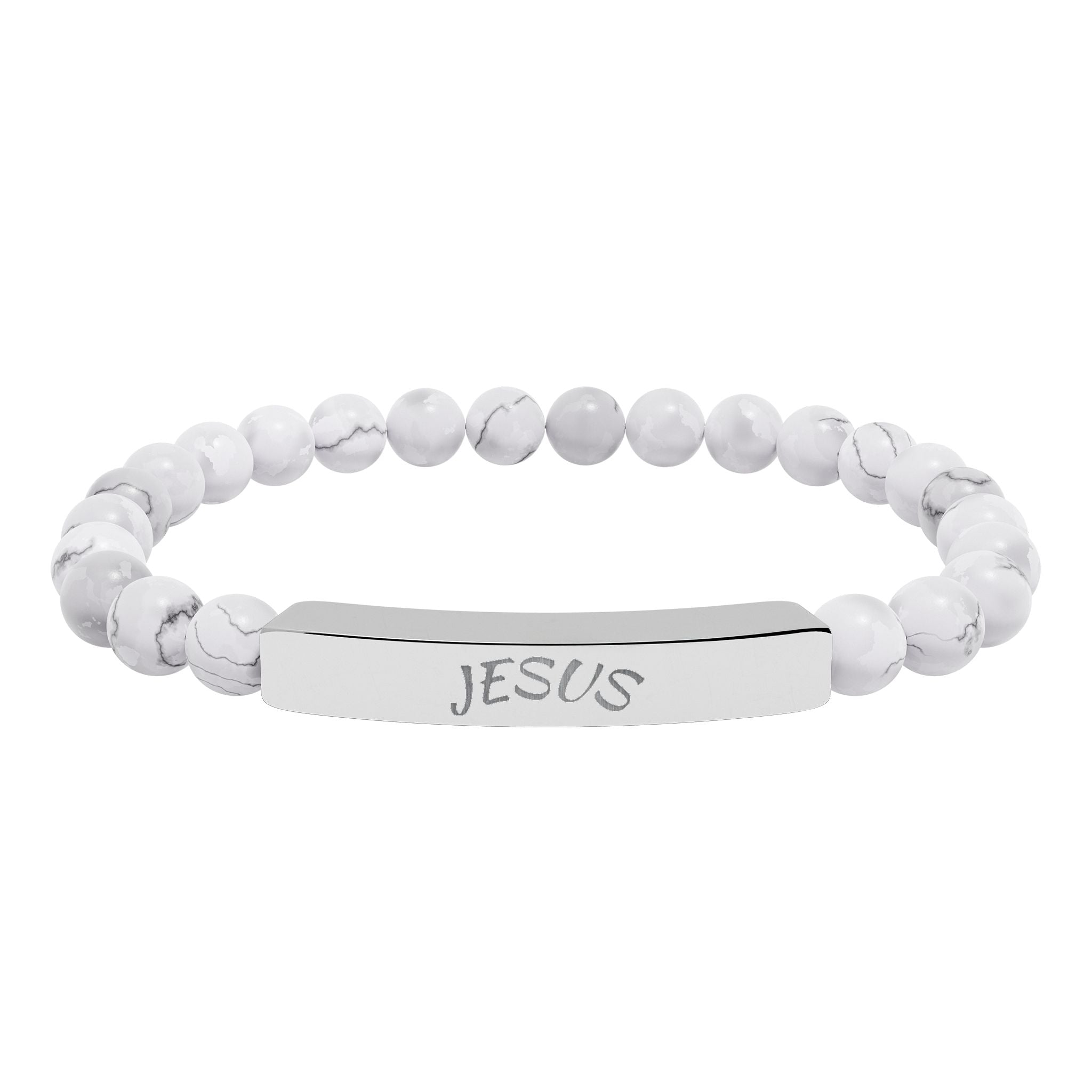 Engraved "JESUS" Natural Stone Stretch Bar Bracelet — Beaded Faith Jewelry