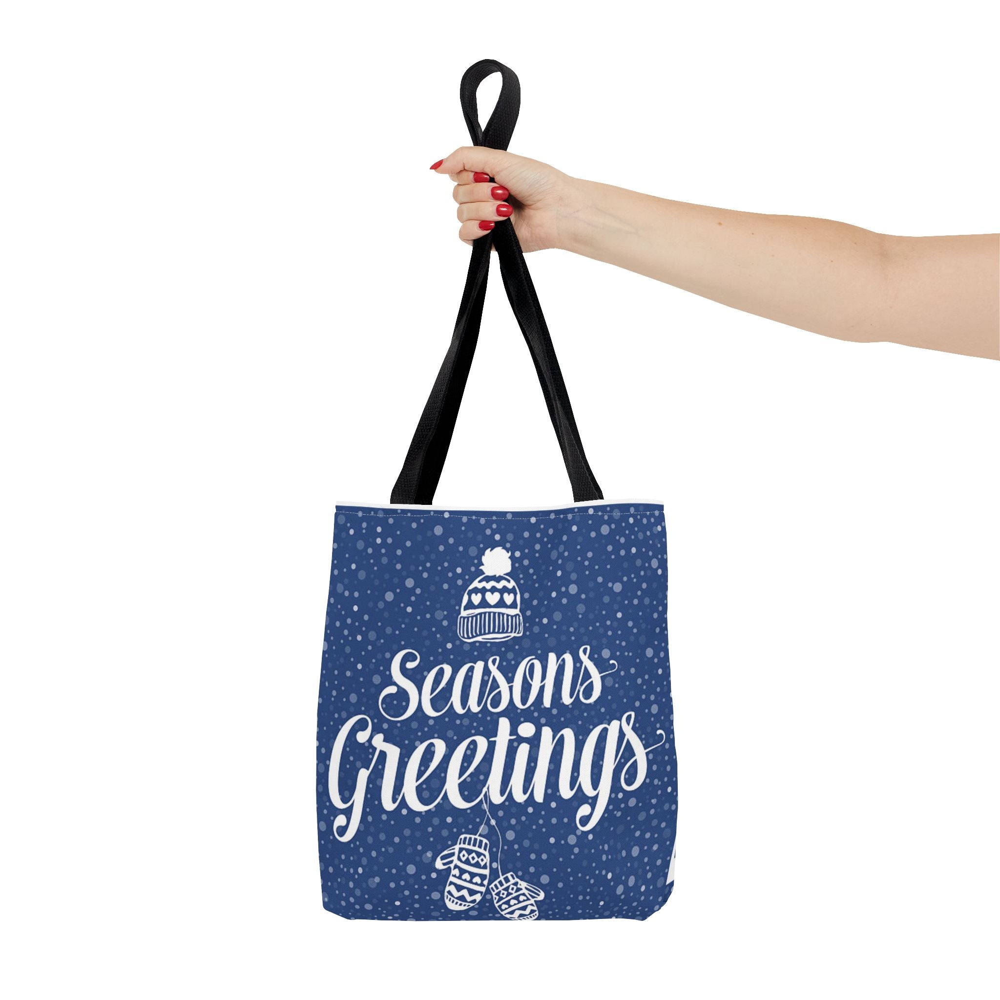 Seasons Greetings Holiday Tote Bag – Winter Beanie & Mittens Snowflake Design