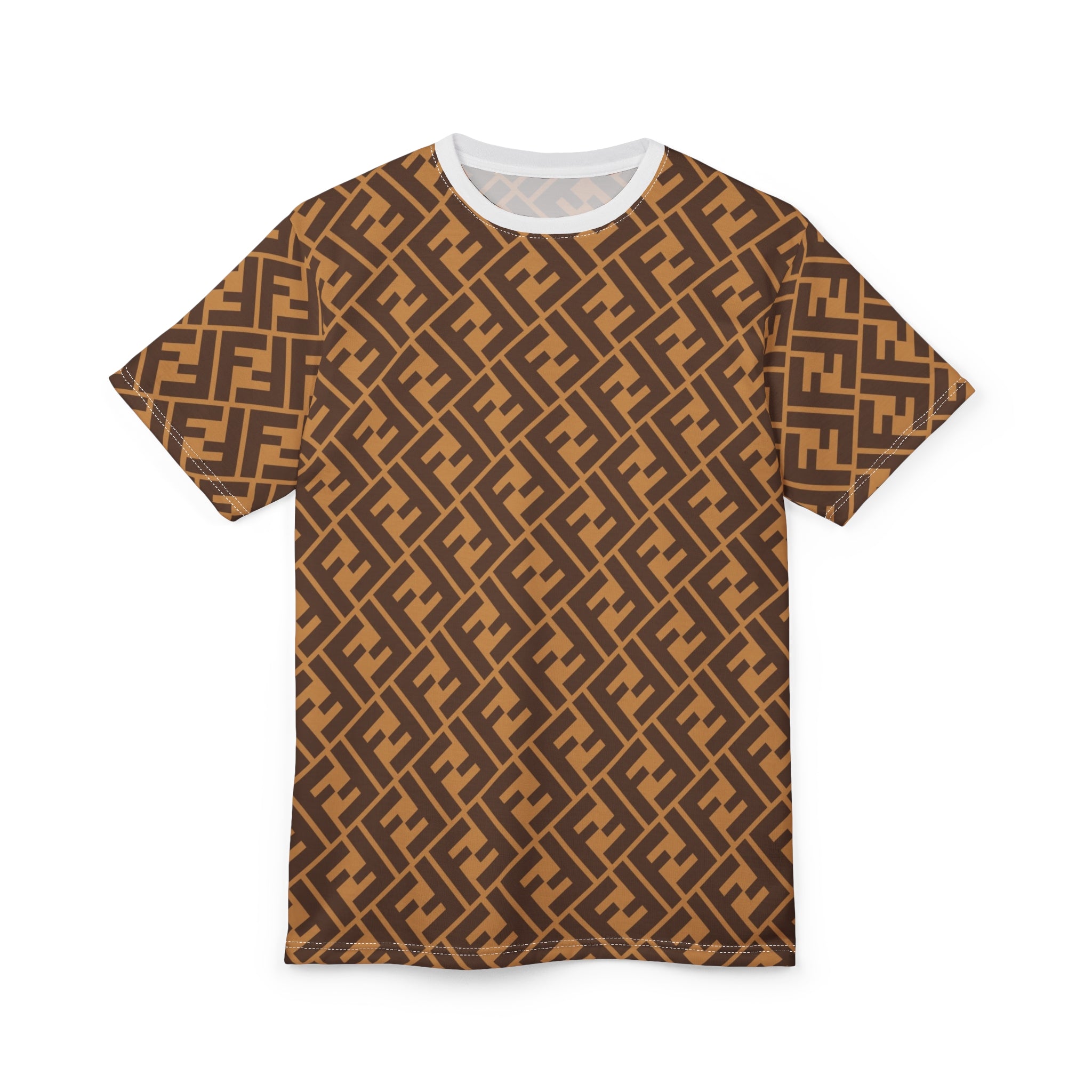 All-Over Print Pattern Tee — Brown Geometric Monogram Design