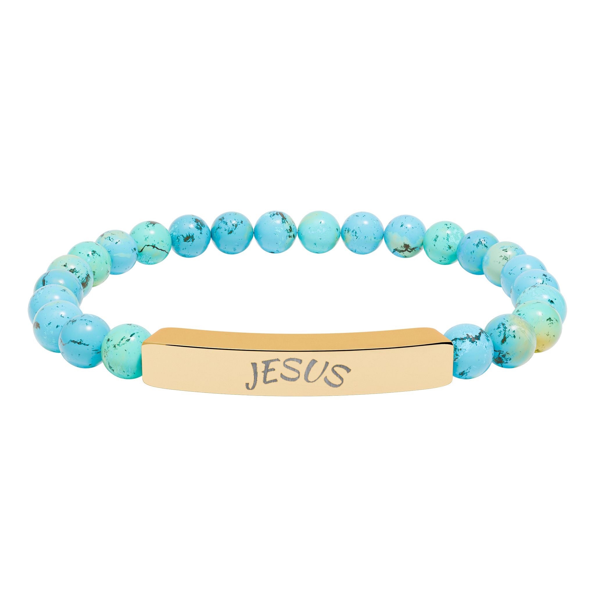 Engraved "JESUS" Natural Stone Stretch Bar Bracelet — Beaded Faith Jewelry