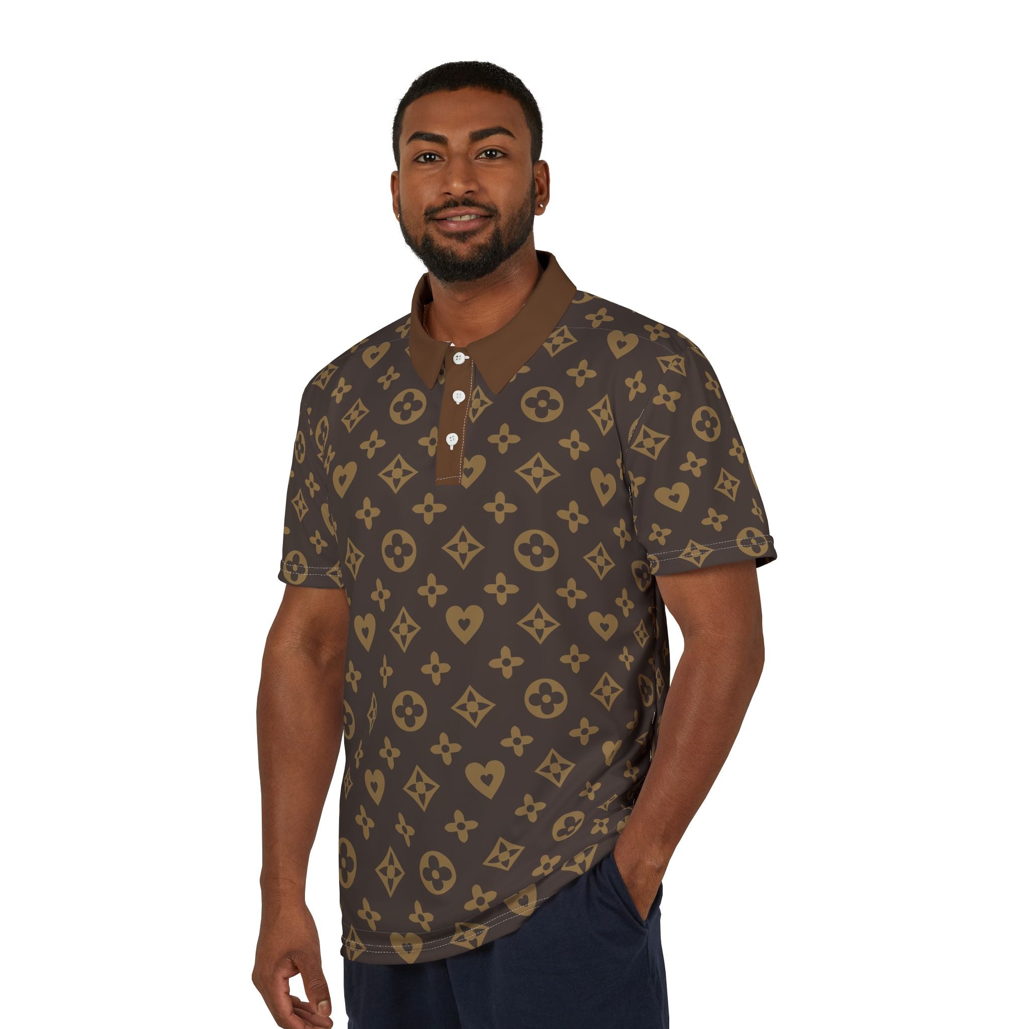 Brown Monogram Polo Shirt — Luxury-Inspired All-Over Print