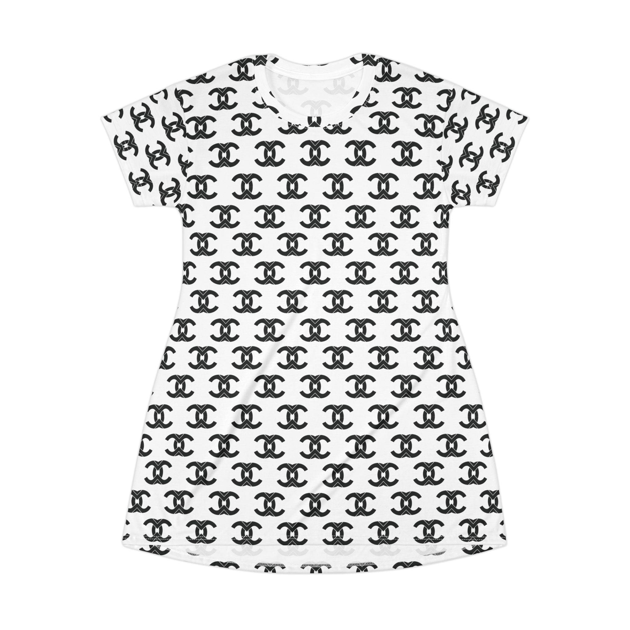All-Over Print Logo Pattern T‑Shirt Dress — Chic Black & White Repeat Print