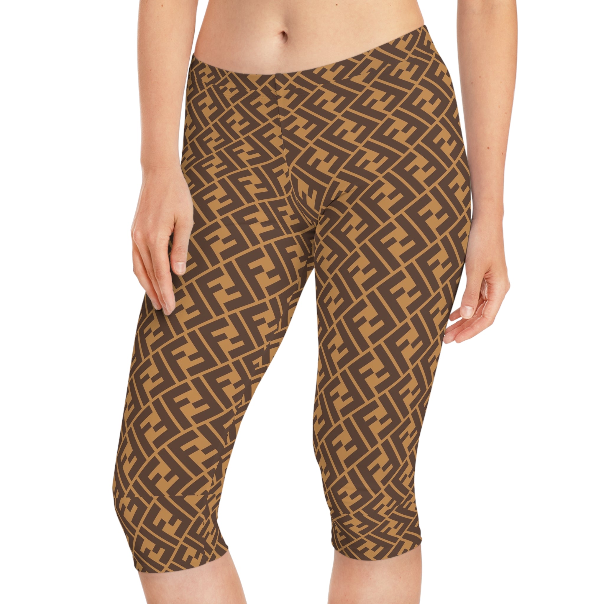 Geometric Monogram Capri Leggings — Brown Allover Print