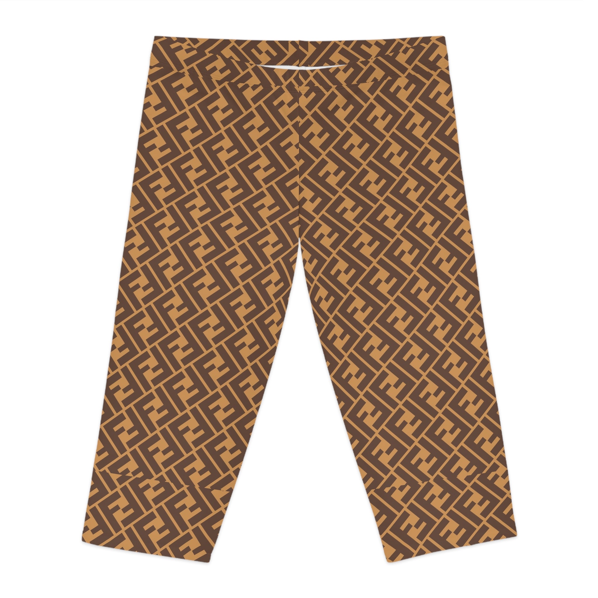 Geometric Monogram Capri Leggings — Brown Allover Print