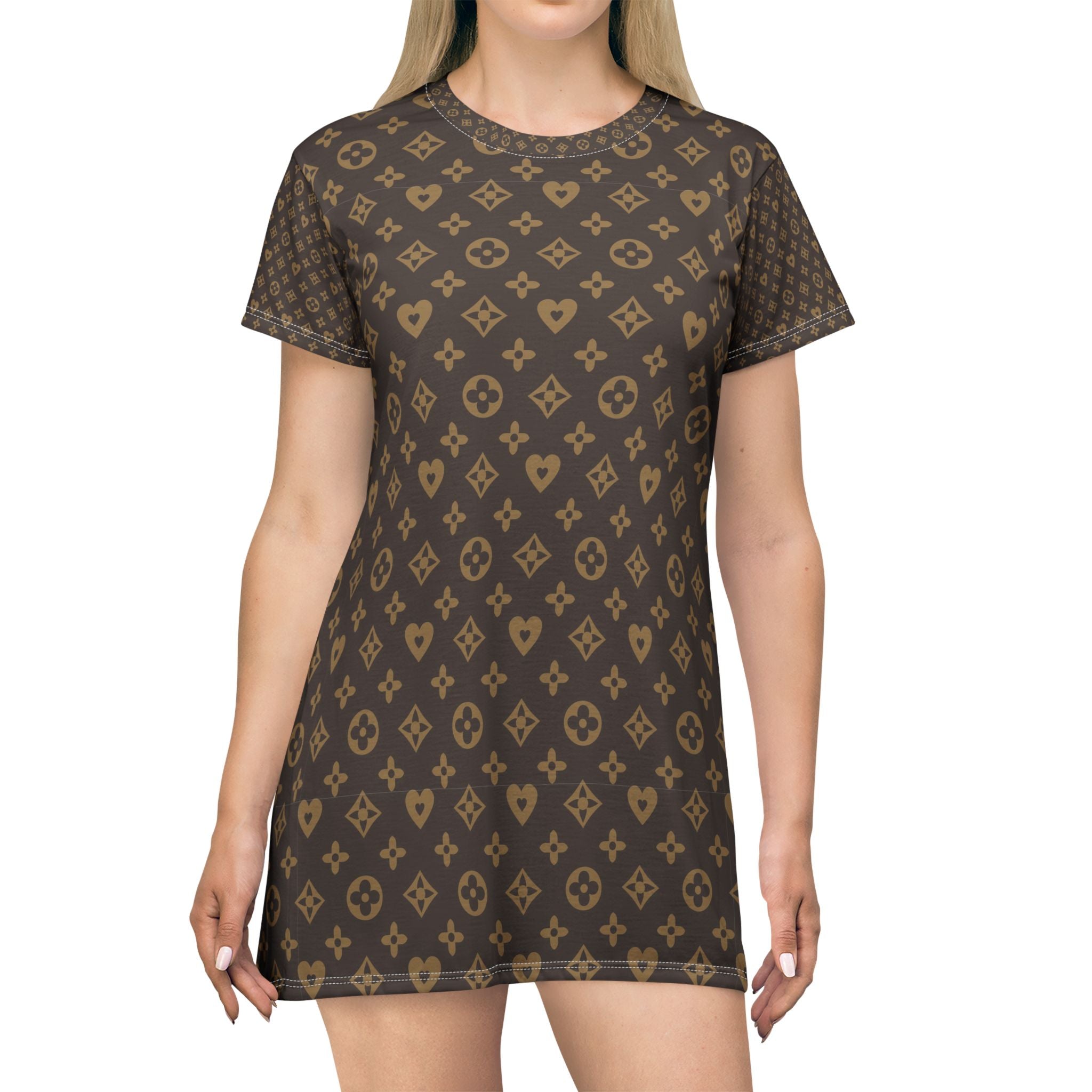 Brown Monogram T-Shirt Dress – All-Over Pattern Luxe Casual Dress