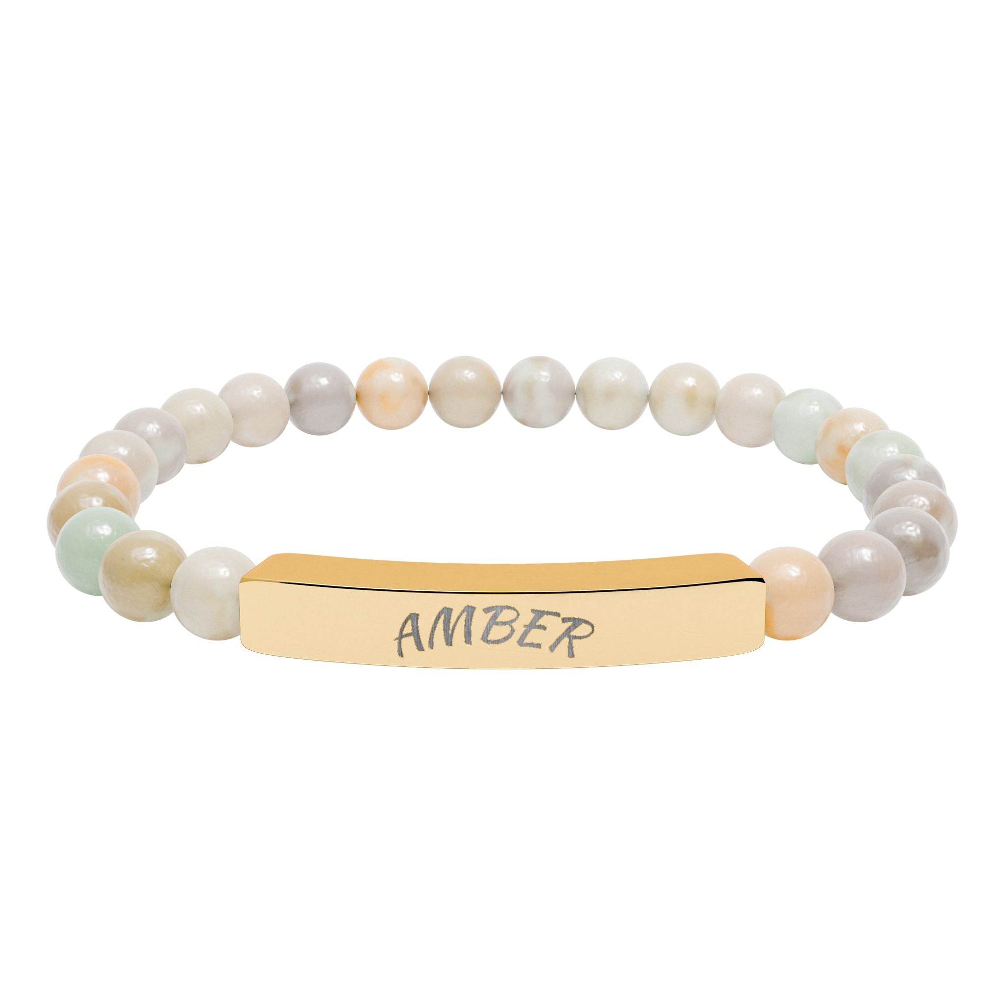 Engravable Natural Stone Bar Bracelet — Personalized Stretch Beaded Bracelet (e.g., “AMBER”)