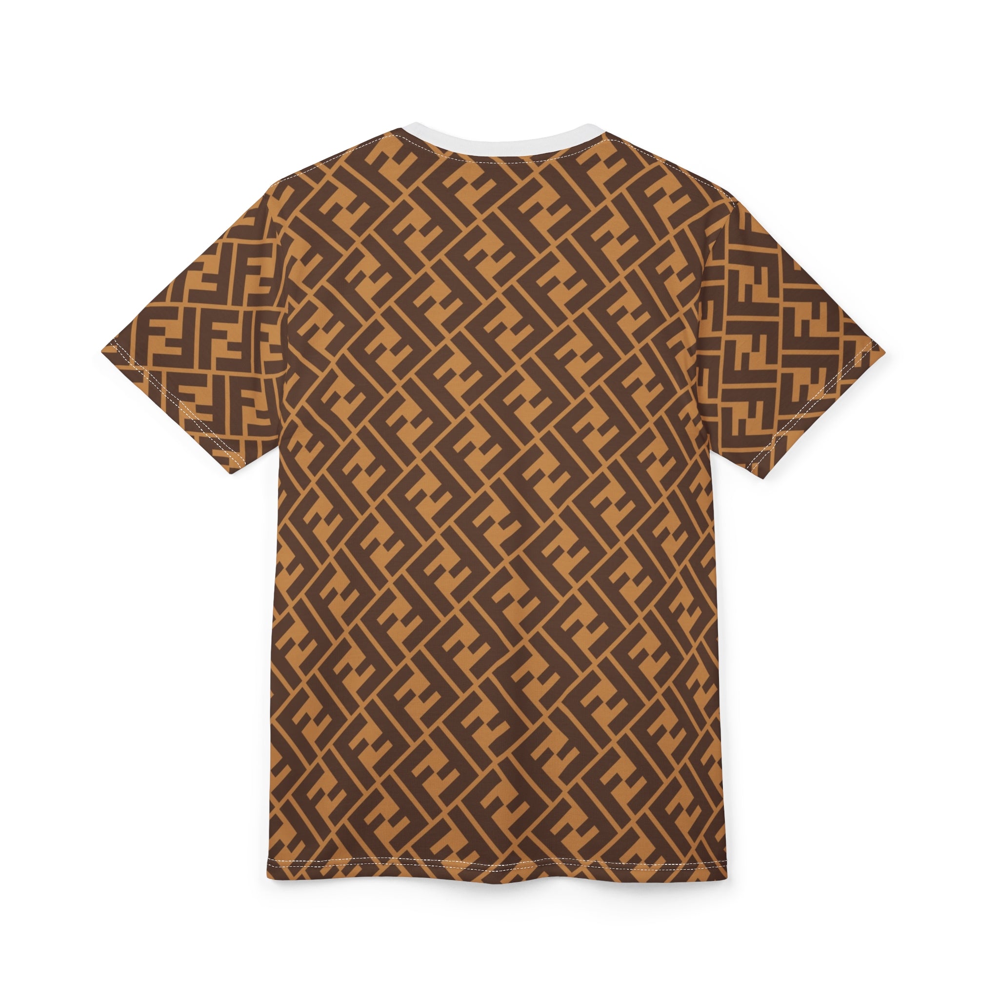 All-Over Print Pattern Tee — Brown Geometric Monogram Design