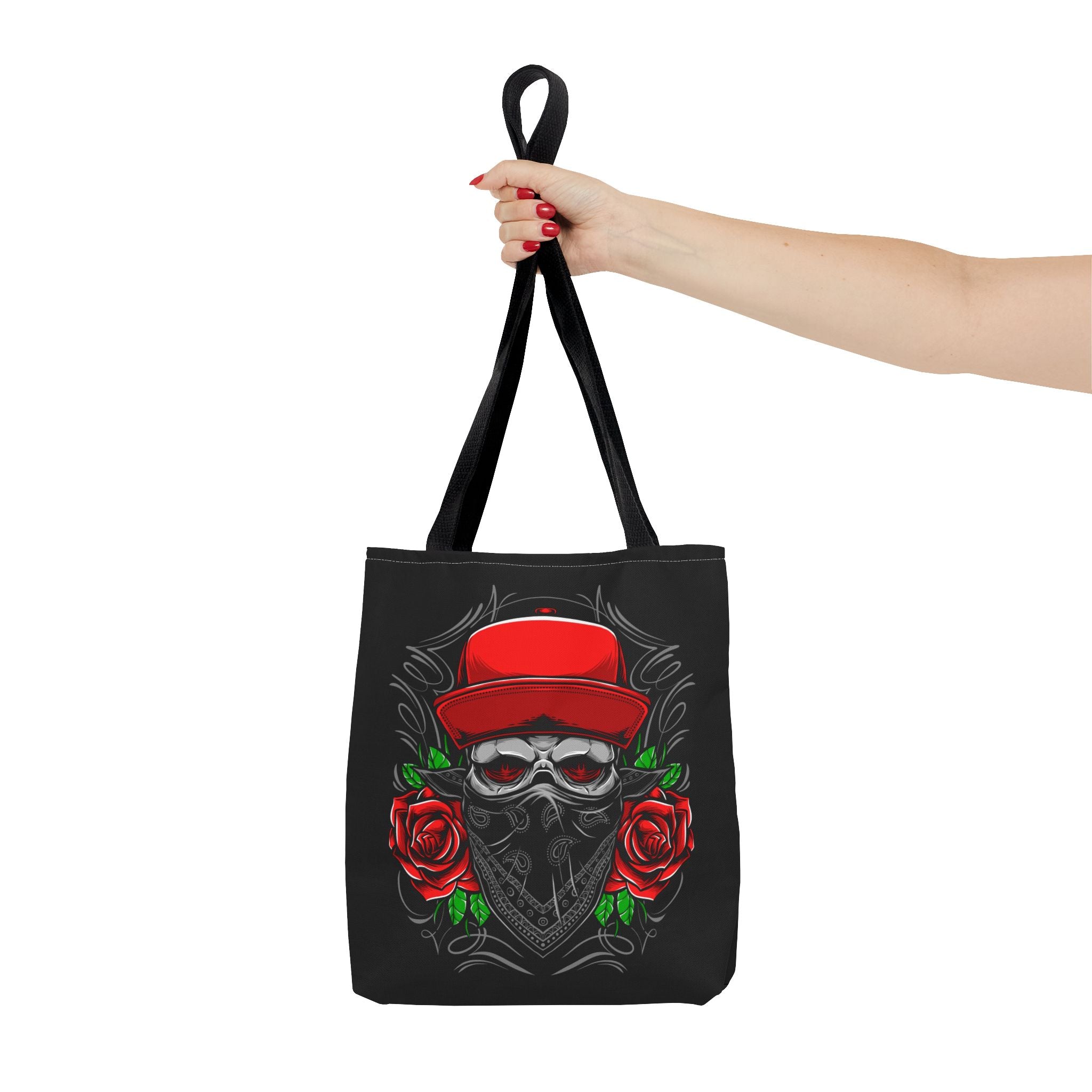 Skull Bandana Tote Bag — Red Cap & Roses Gothic Reusable Shopper