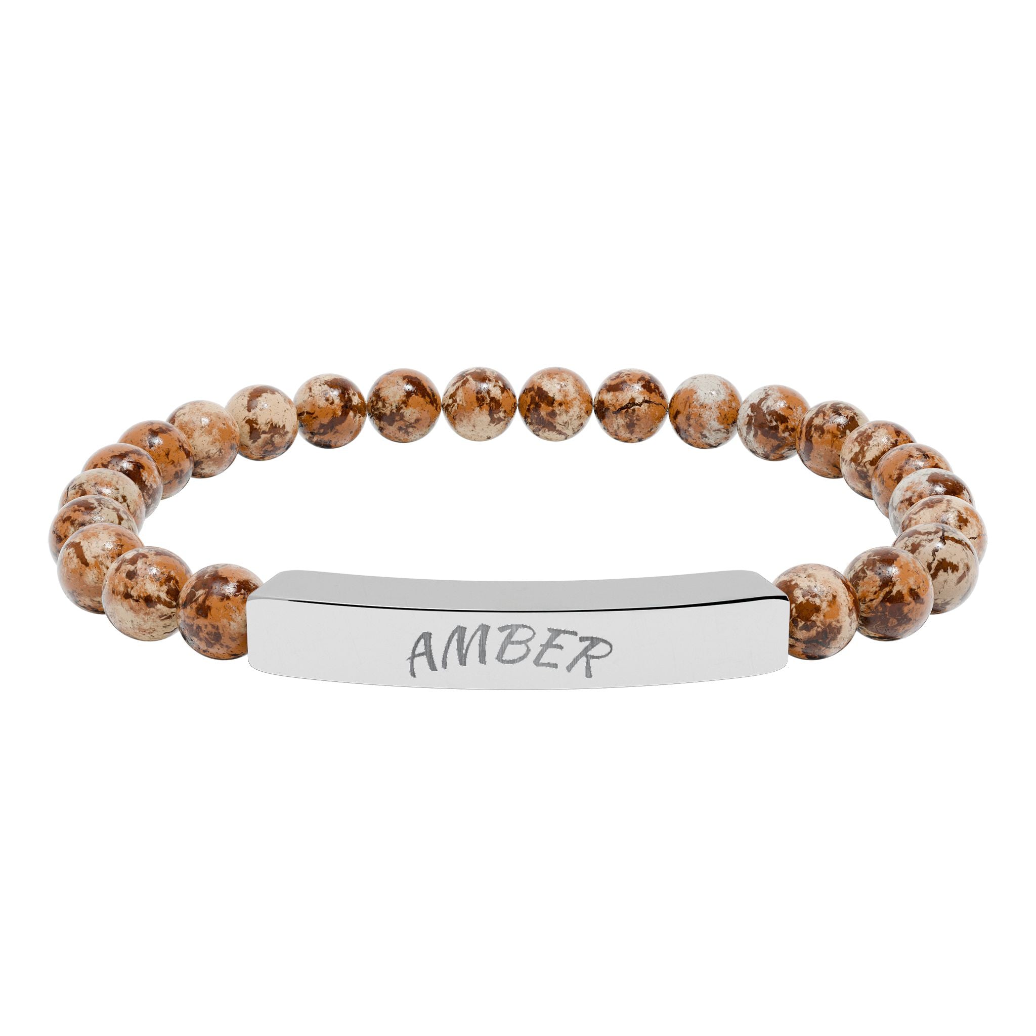 Engravable Natural Stone Bar Bracelet — Personalized Stretch Beaded Bracelet (e.g., “AMBER”)