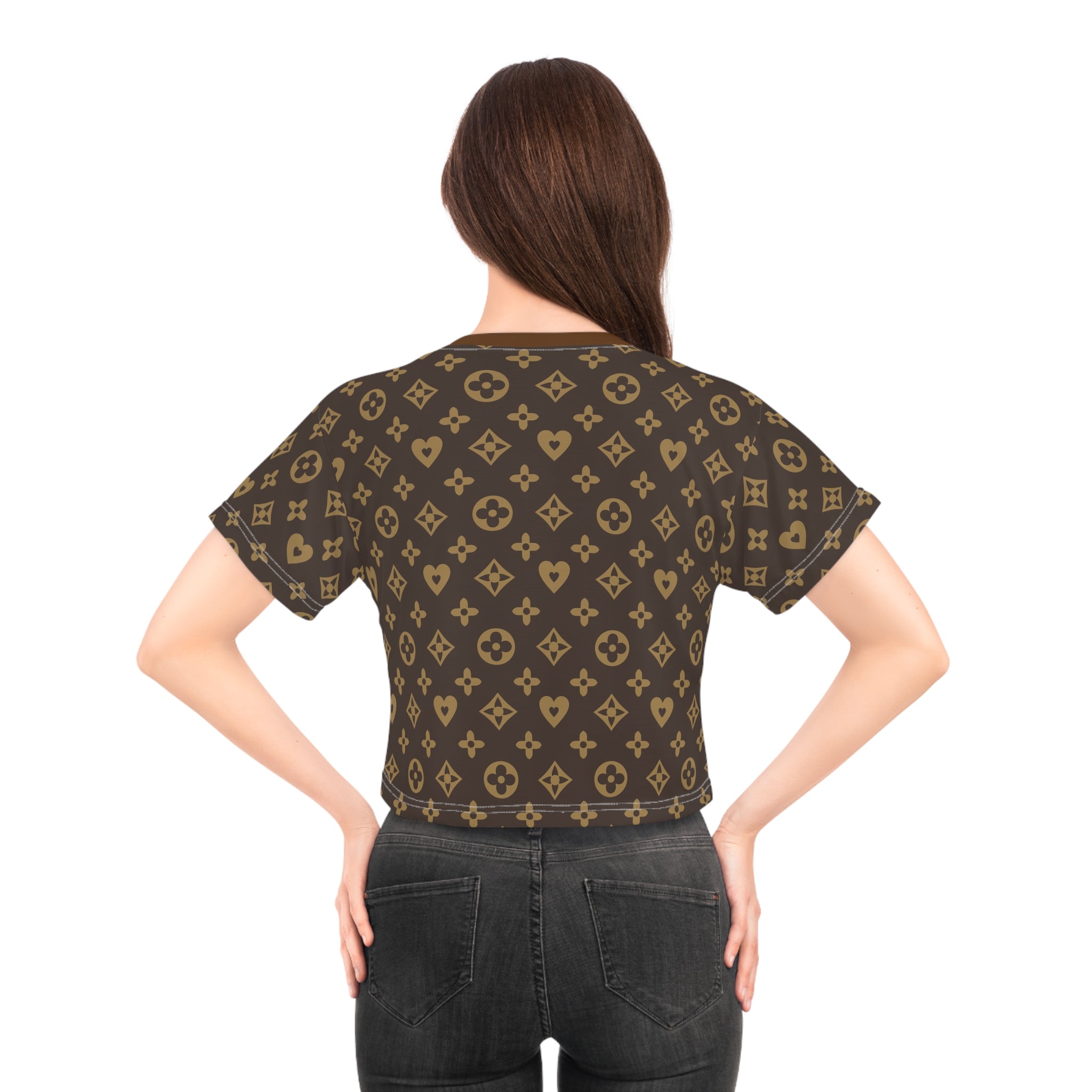 Brown Monogram Crop Tee — Luxury Pattern All-Over Print Top