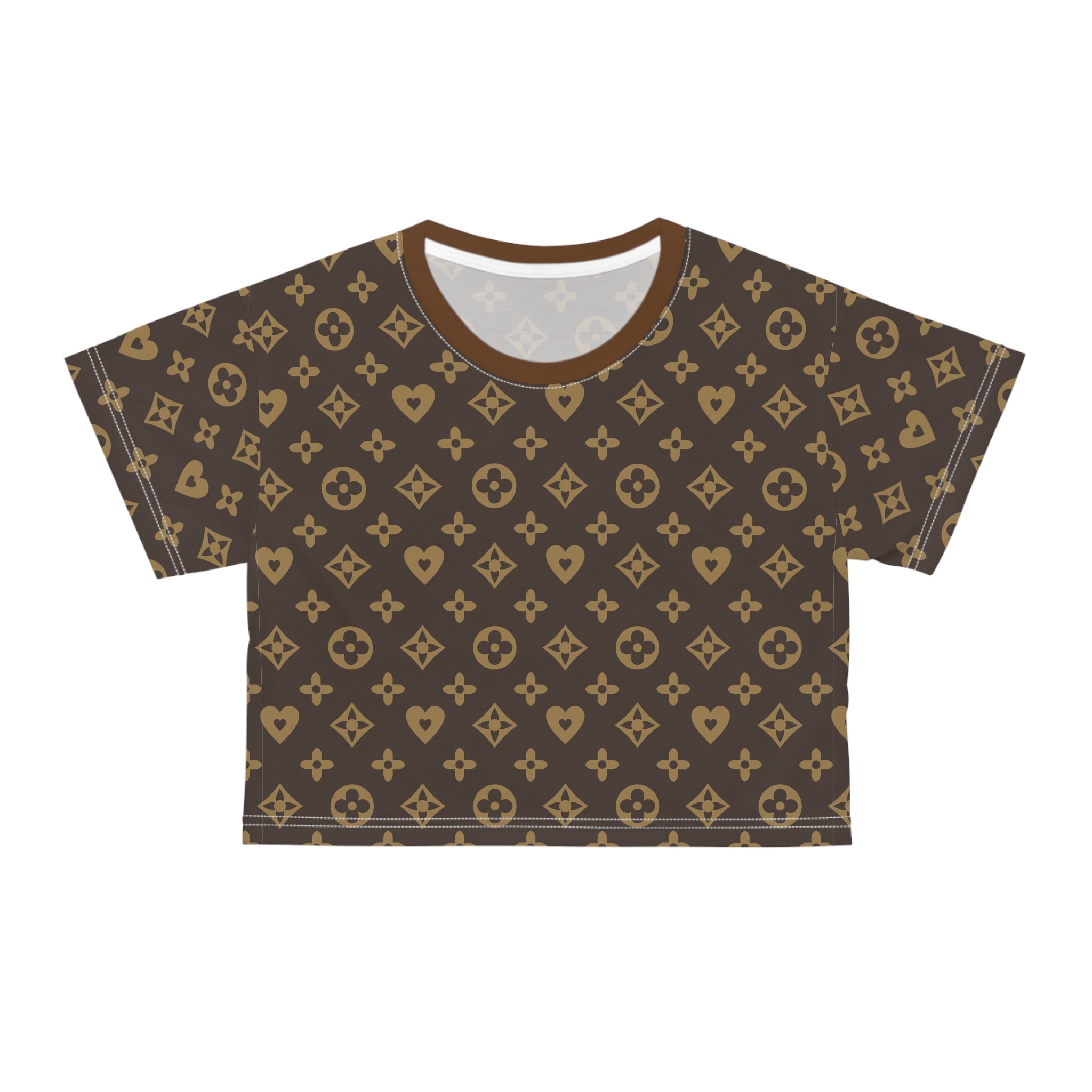 Brown Monogram Crop Tee — Luxury Pattern All-Over Print Top