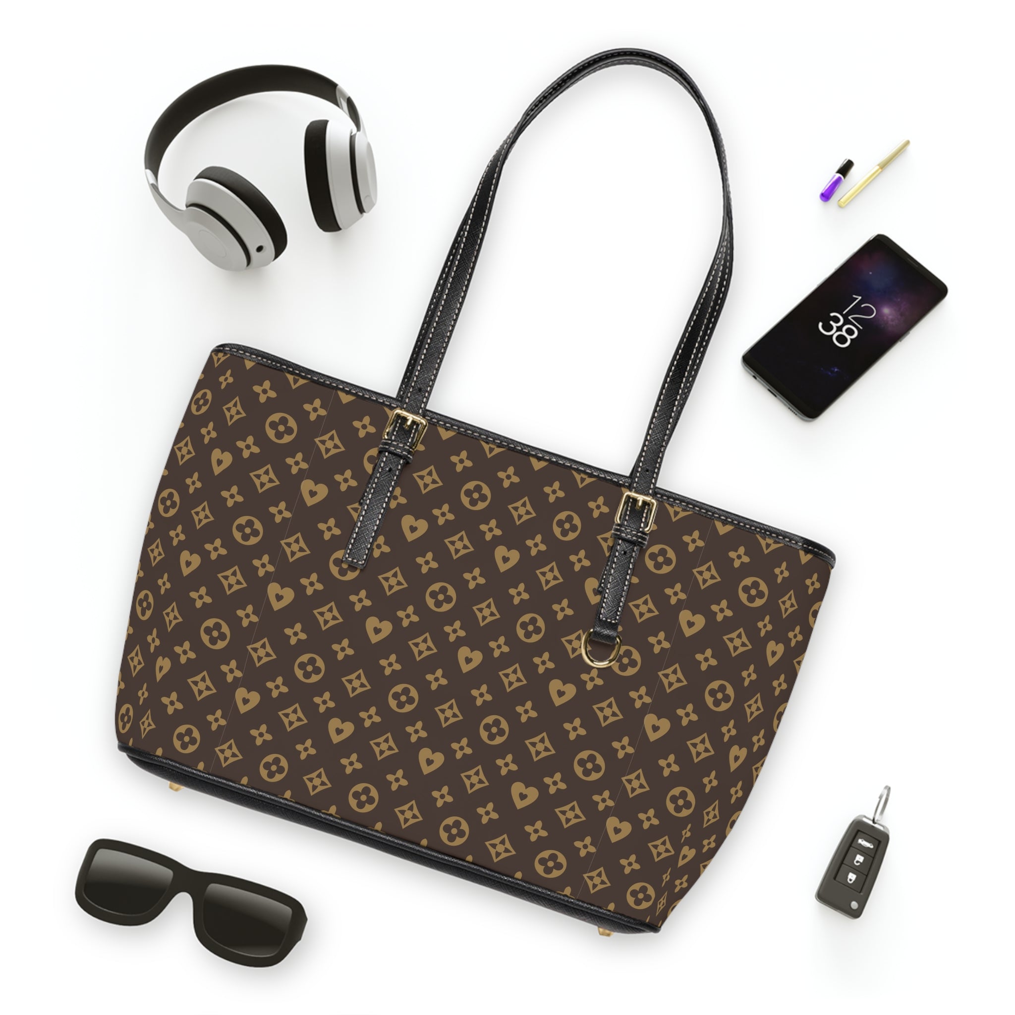 Monogram PU Leather Shoulder Bag – Classic Brown Tote