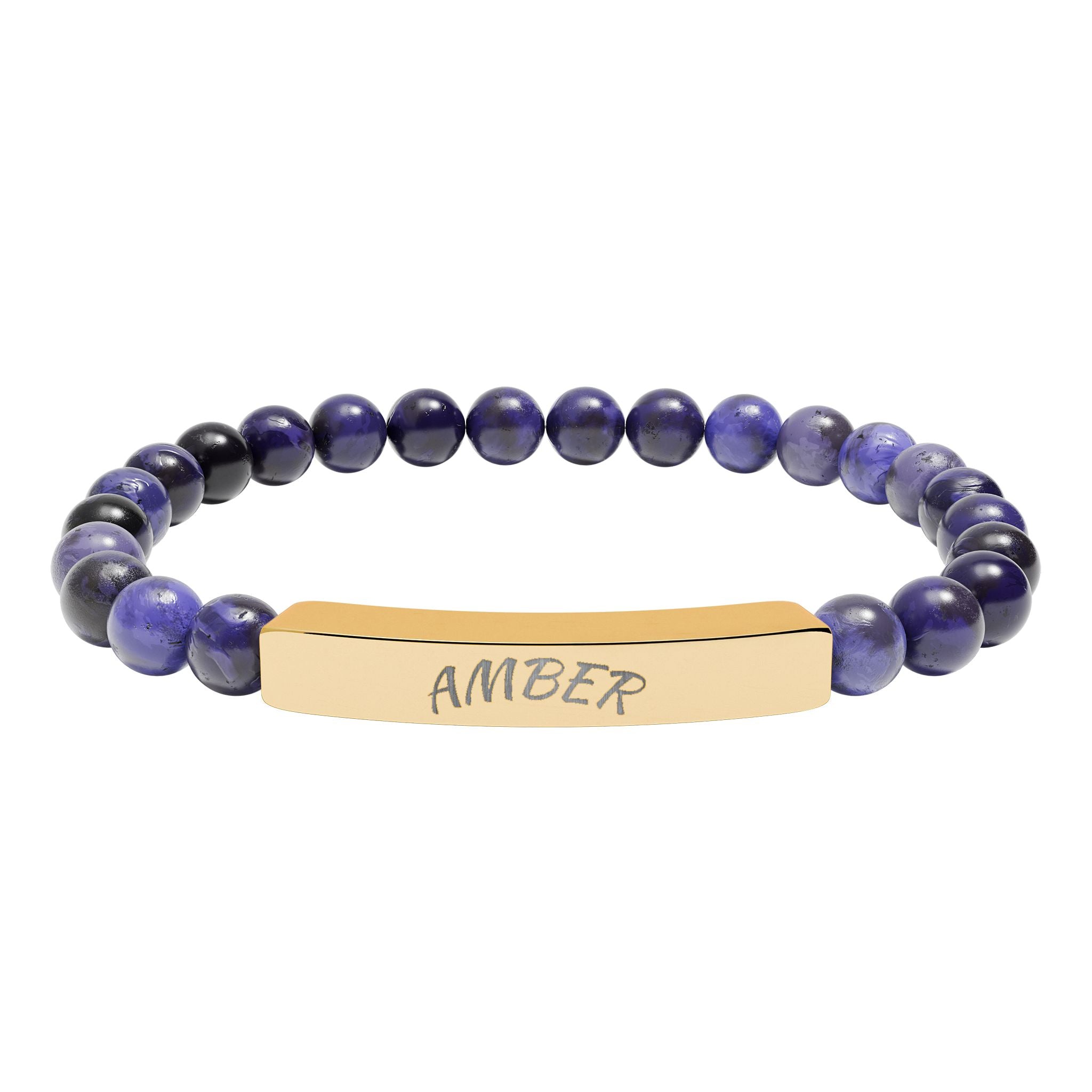 Engravable Natural Stone Bar Bracelet — Personalized Stretch Beaded Bracelet (e.g., “AMBER”)