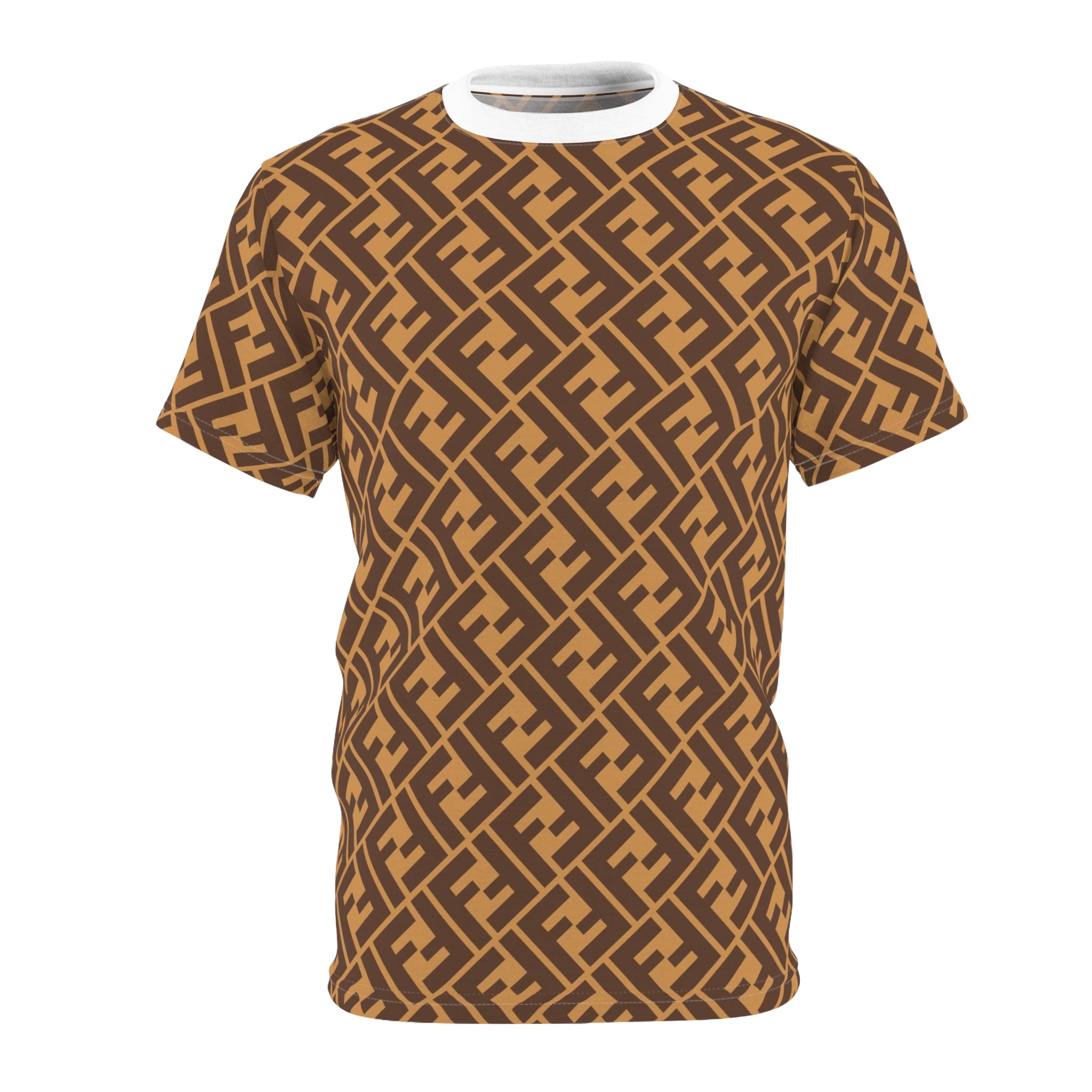 All-Over Print Pattern Tee — Brown Geometric Monogram Design