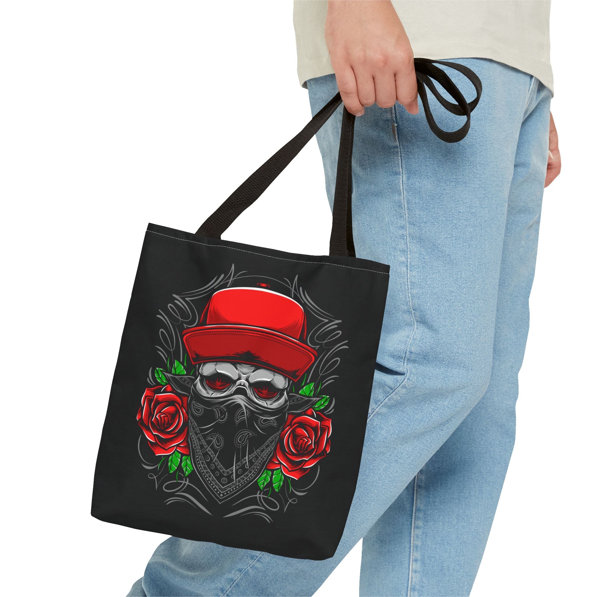 Skull Bandana Tote Bag — Red Cap & Roses Gothic Reusable Shopper
