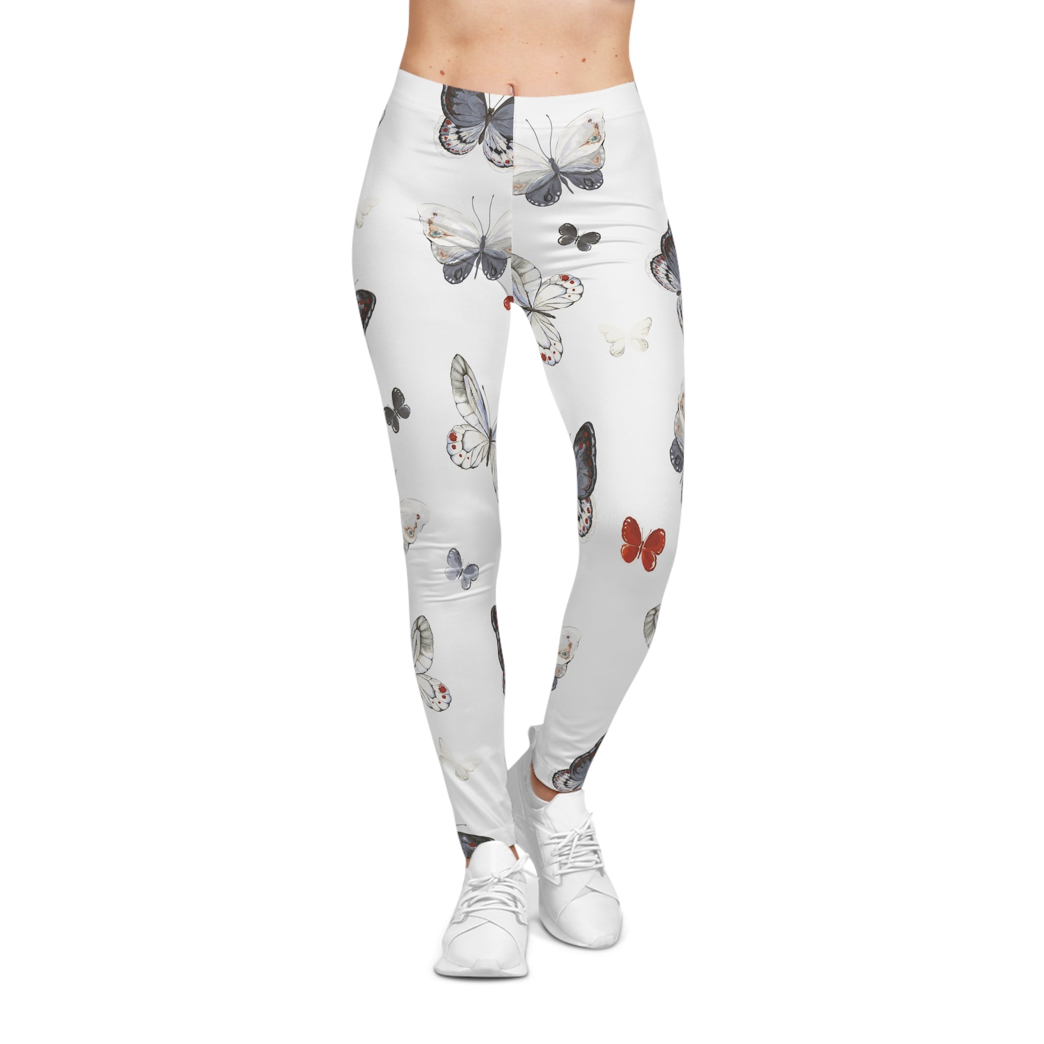 Butterfly Print Women's Leggings — White All-Over Floral Butterfly Pattern