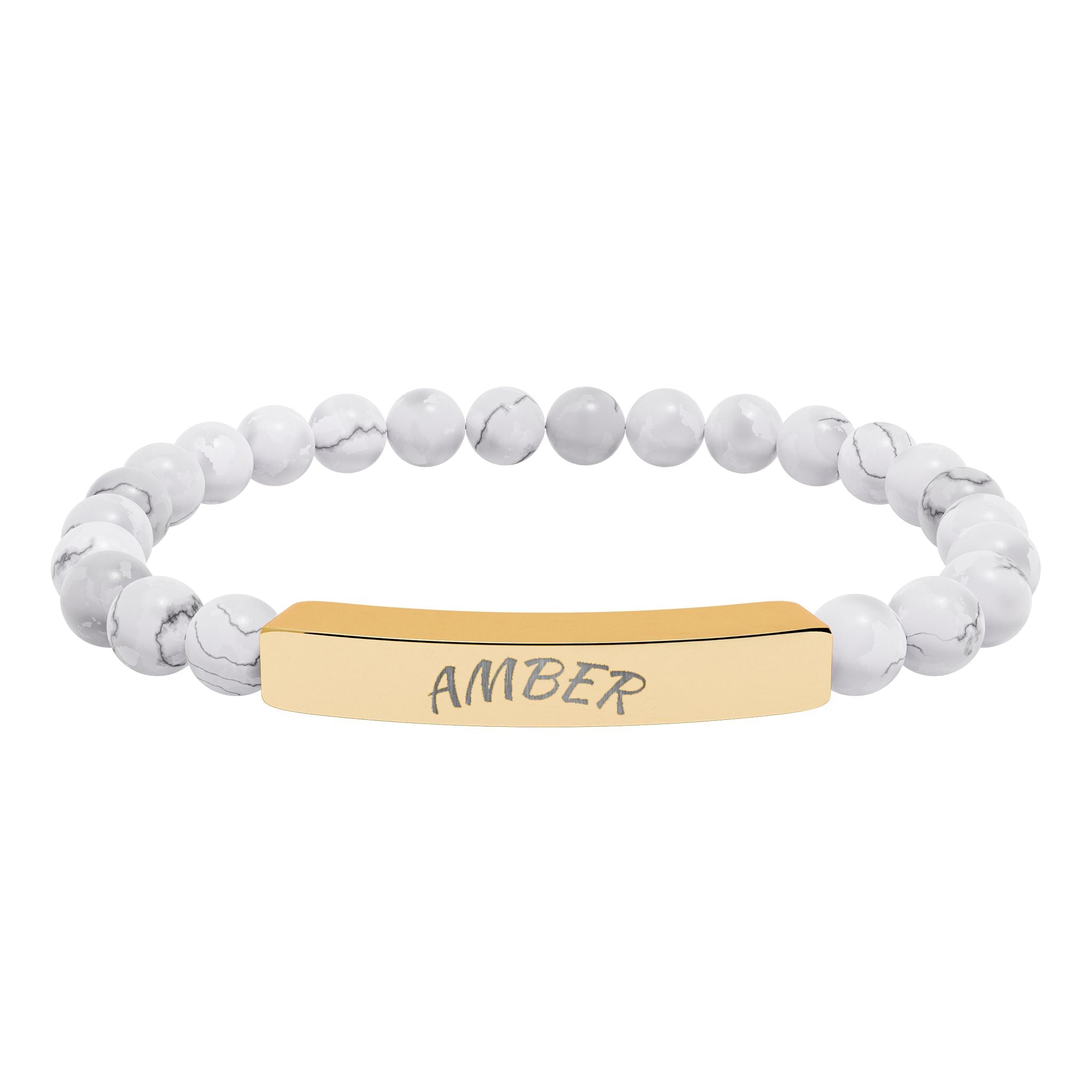 Engravable Natural Stone Bar Bracelet — Personalized Stretch Beaded Bracelet (e.g., “AMBER”)