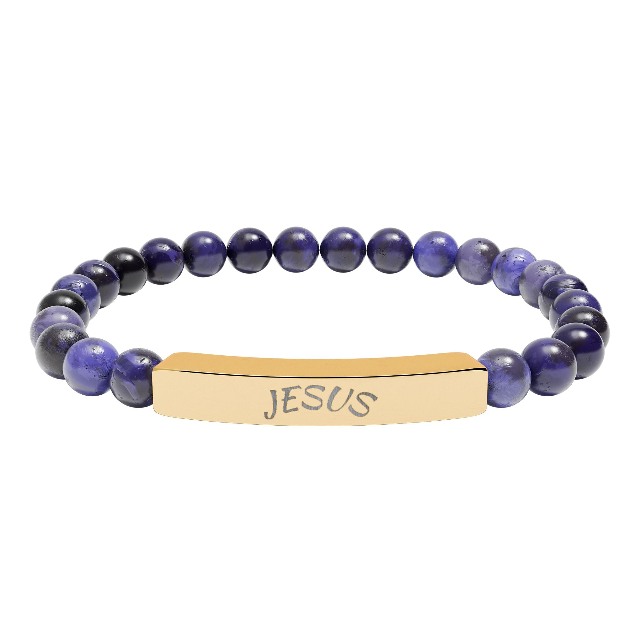 Engraved "JESUS" Natural Stone Stretch Bar Bracelet — Beaded Faith Jewelry