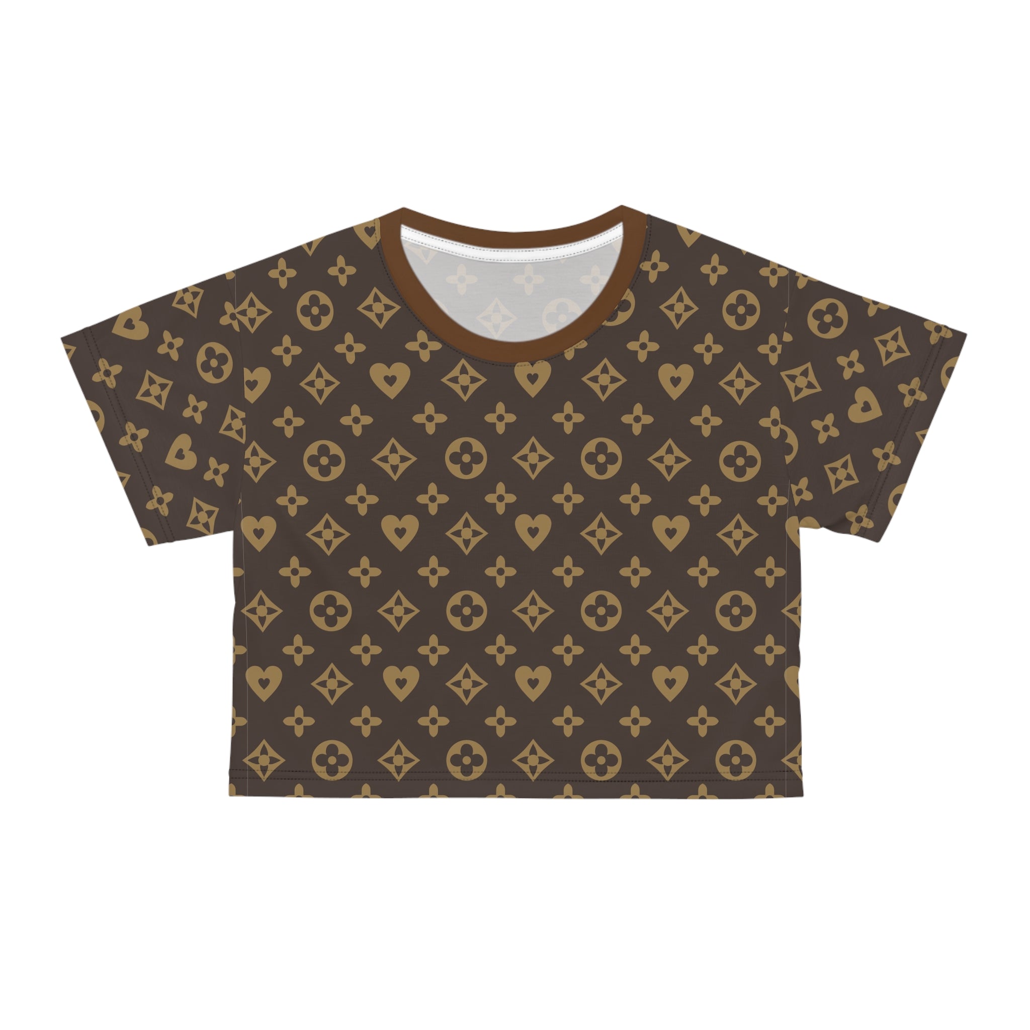 Brown Monogram Crop Tee — Luxury Pattern All-Over Print Top
