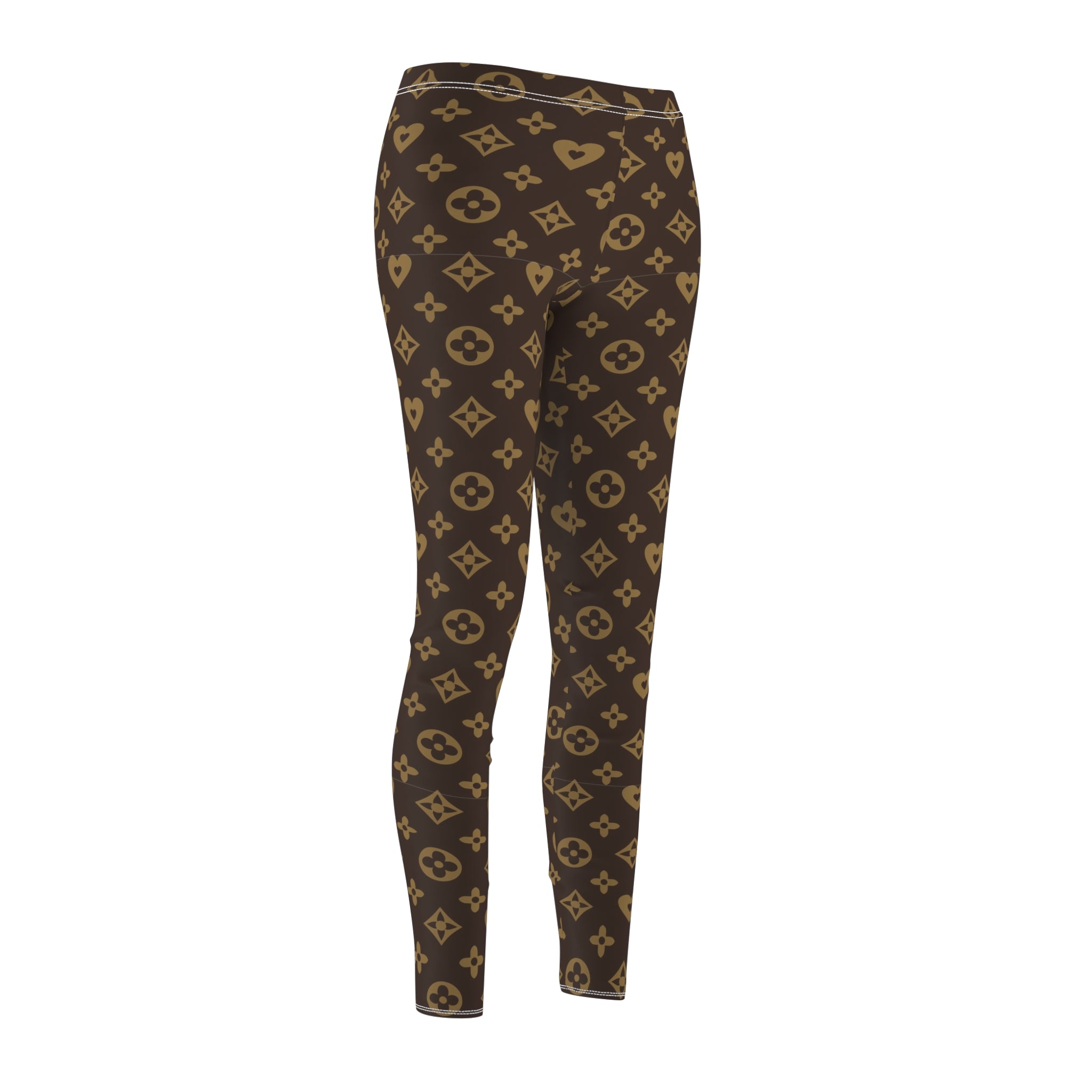 Designer-Inspired Brown Monogram Leggings — Women's All-Over Print Casual Leggings