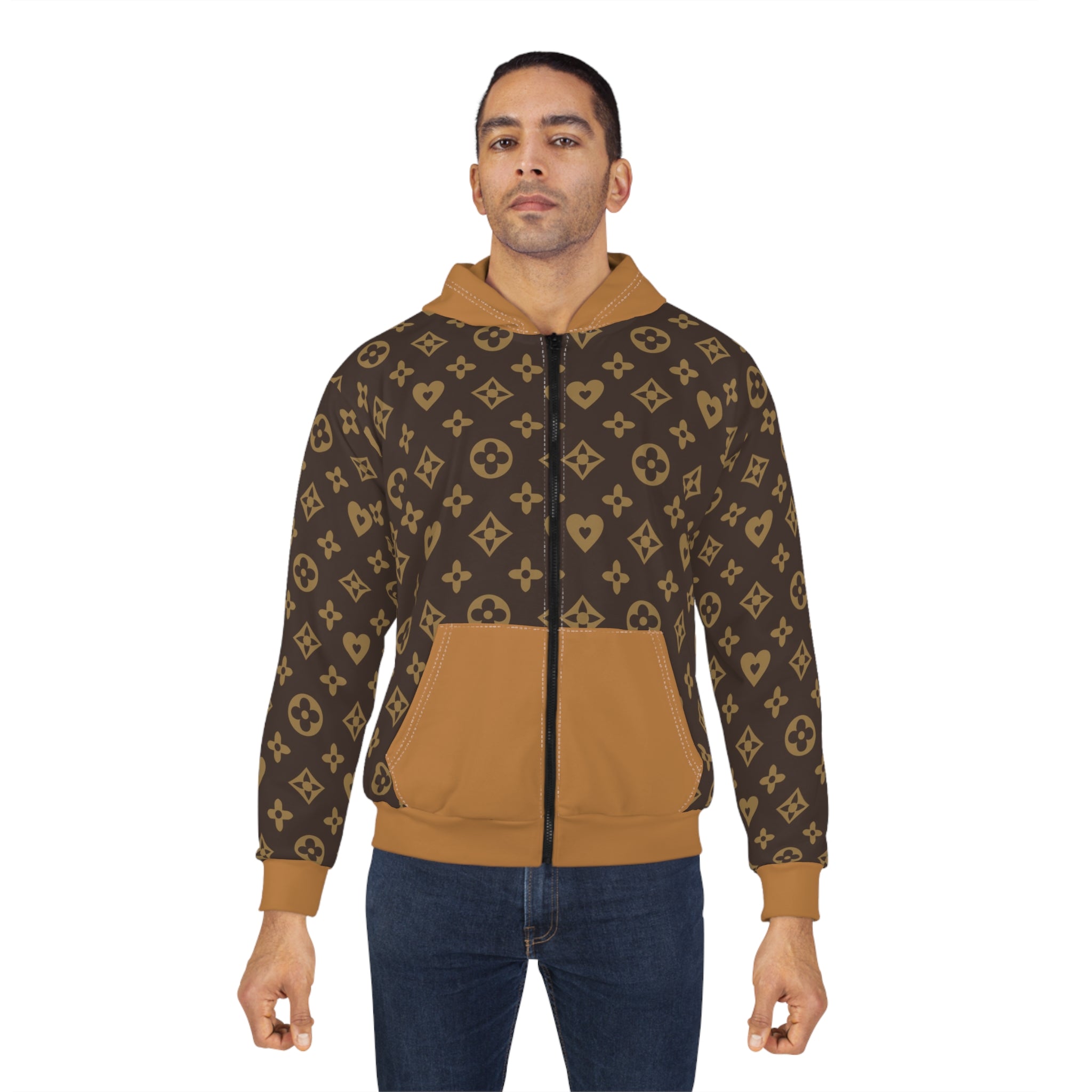Monogram Brown Zip Hoodie — Luxe Patterned Full-Zip Hoodie