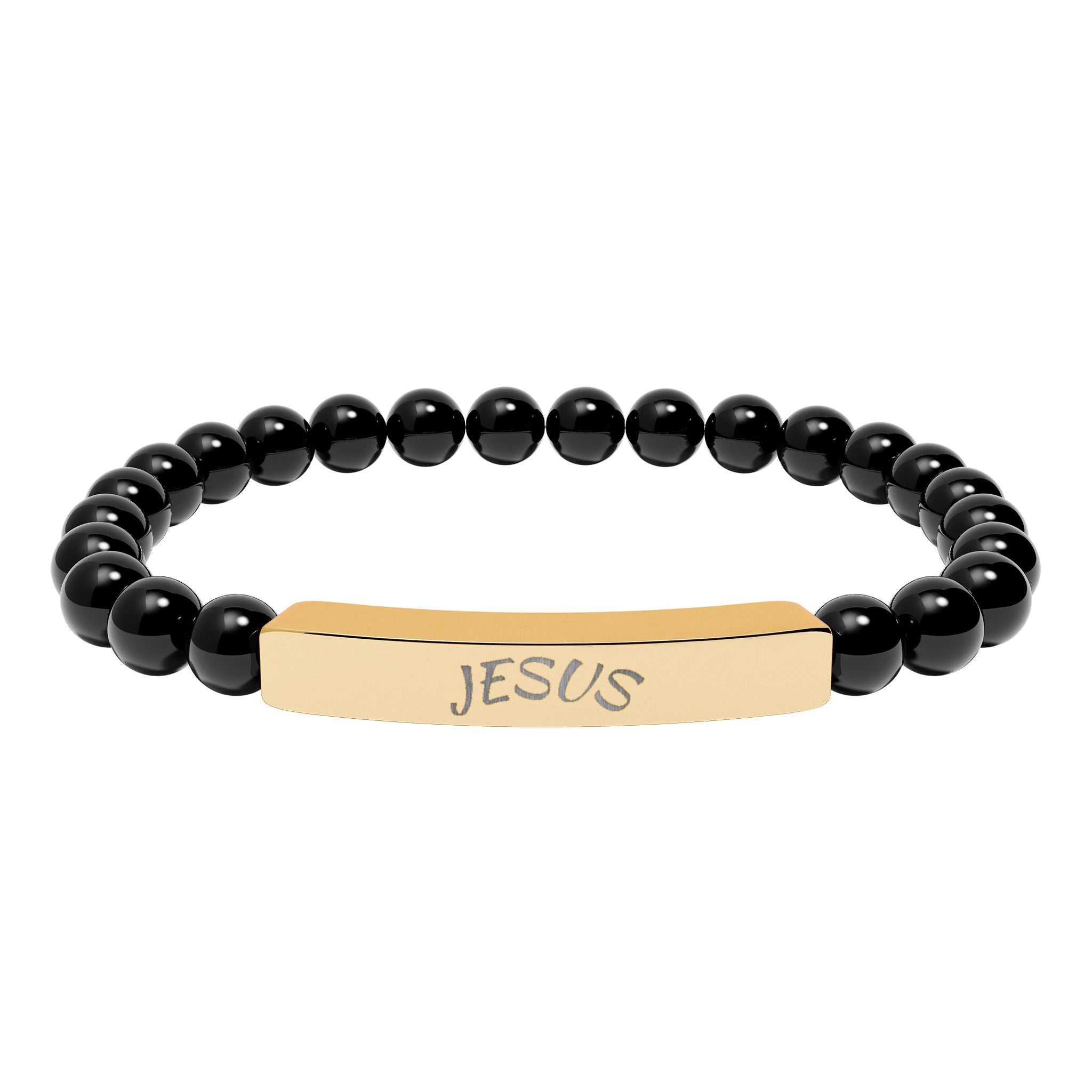 Engraved "JESUS" Natural Stone Stretch Bar Bracelet — Beaded Faith Jewelry