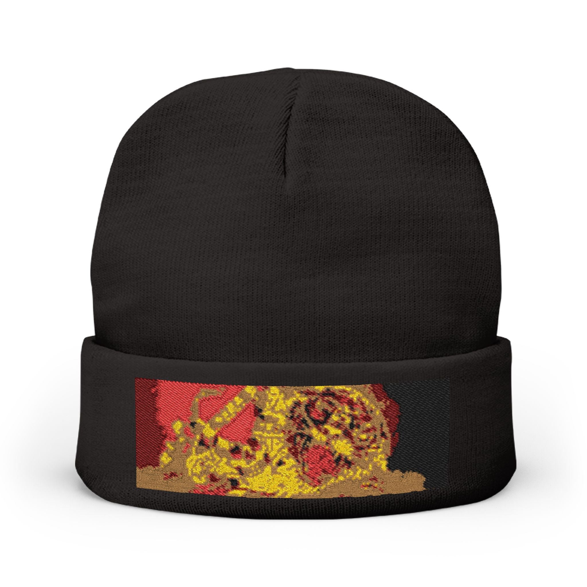 Embroidered Tiger Patch Knit Beanie - Bold Red & Gold Wildlife Cuff Hat