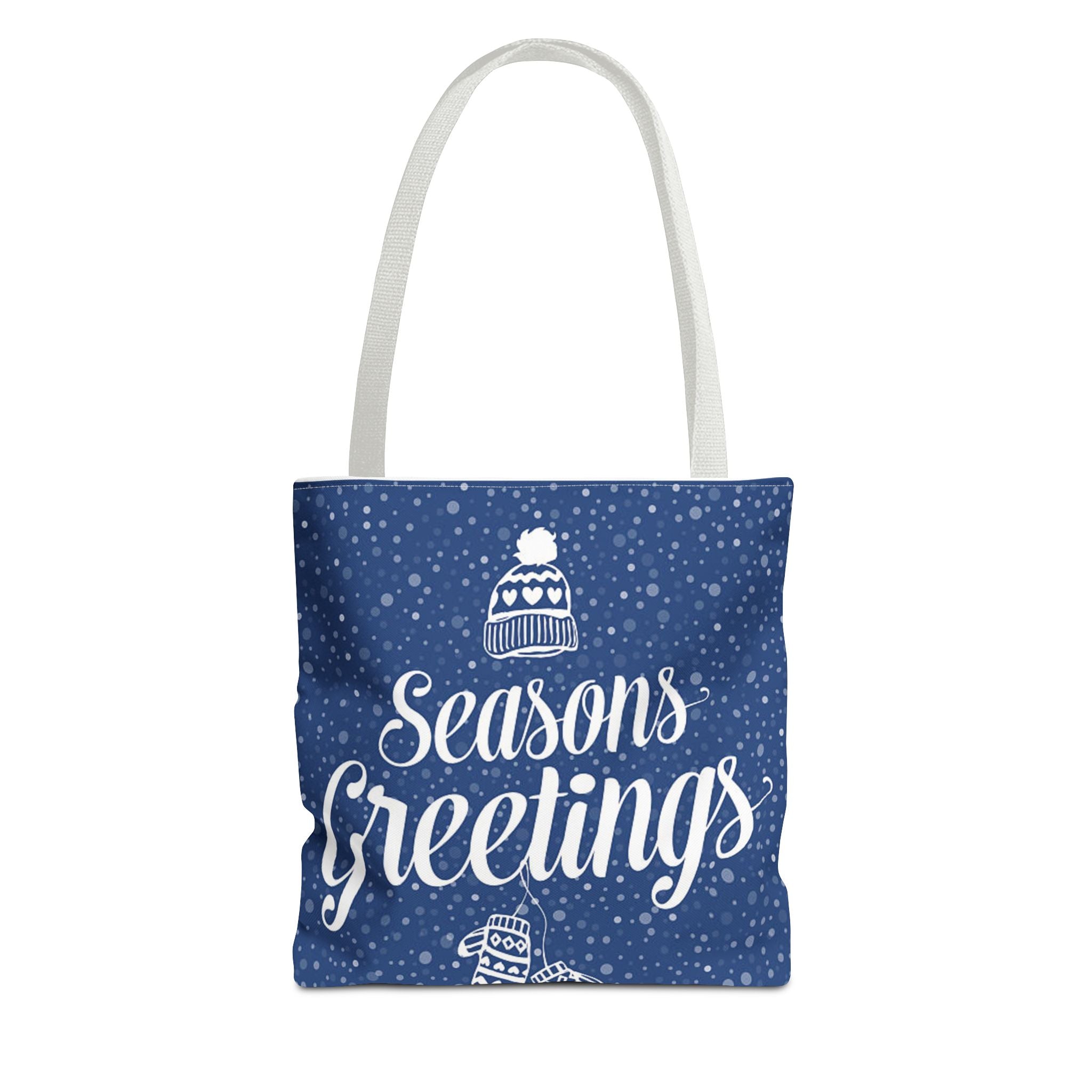 Seasons Greetings Holiday Tote Bag – Winter Beanie & Mittens Snowflake Design