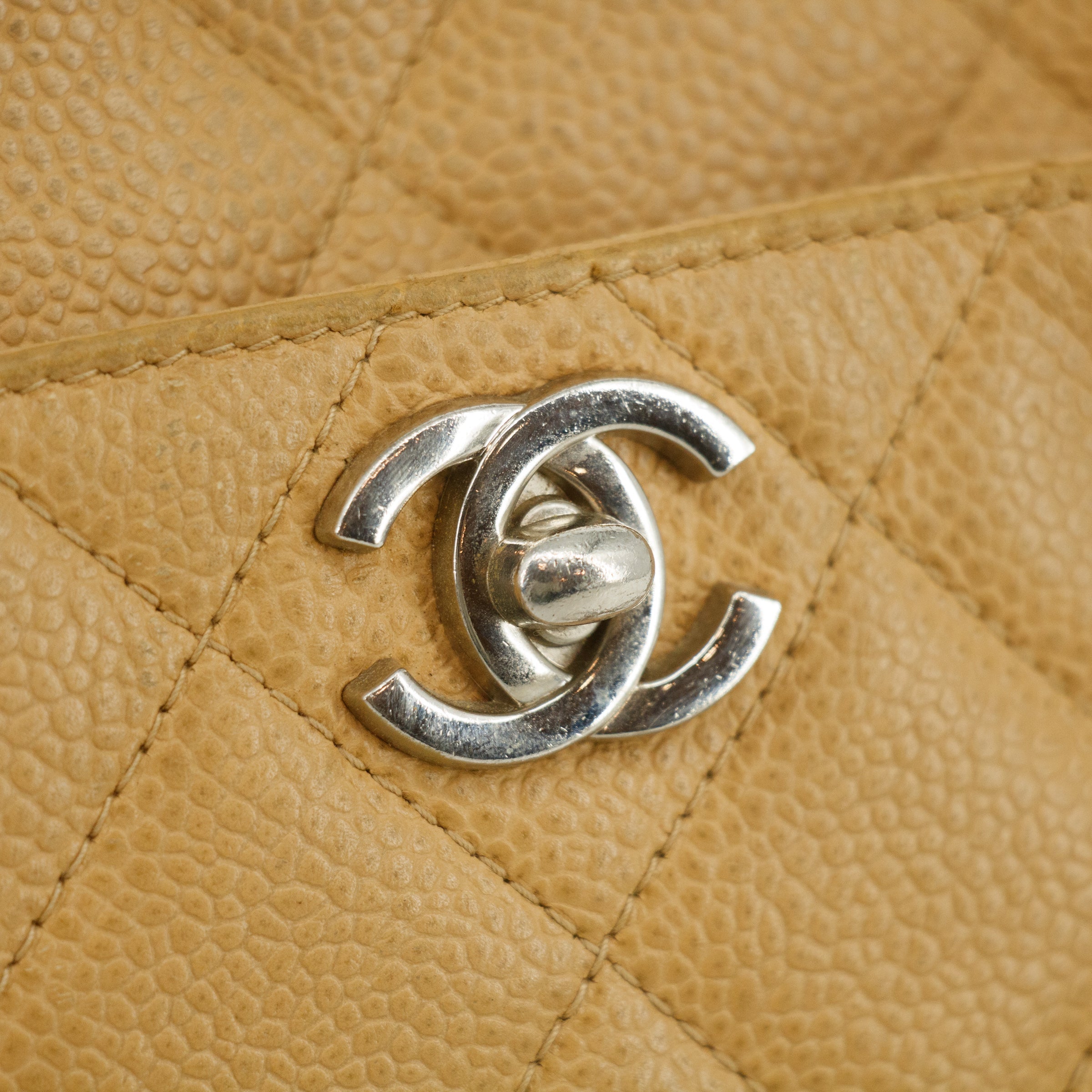 Chanel Beige Caviar Skin CC Quilted Matelasse Shoulder Bag #3761