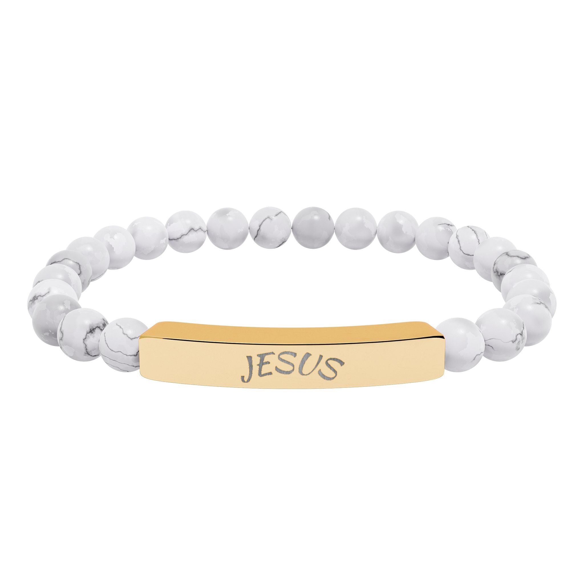 Engraved "JESUS" Natural Stone Stretch Bar Bracelet — Beaded Faith Jewelry
