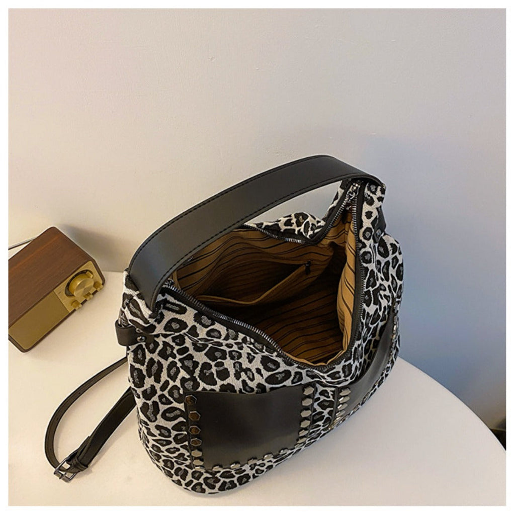 Ladies leopard print large capacity tote bag, vintage hobo bag casual, shoulder bag with crossbody strap, bag underarm bag women