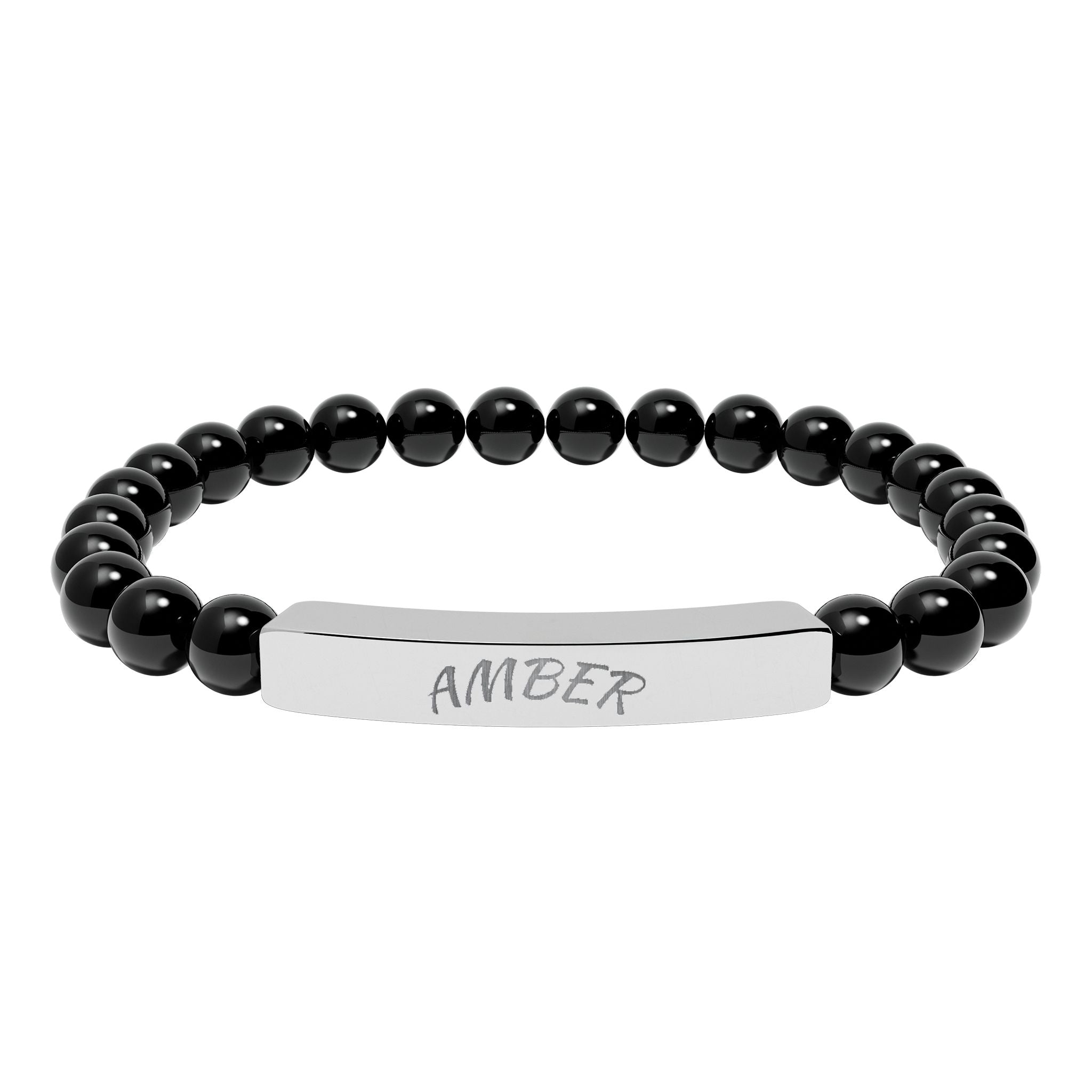Engravable Natural Stone Bar Bracelet — Personalized Stretch Beaded Bracelet (e.g., “AMBER”)