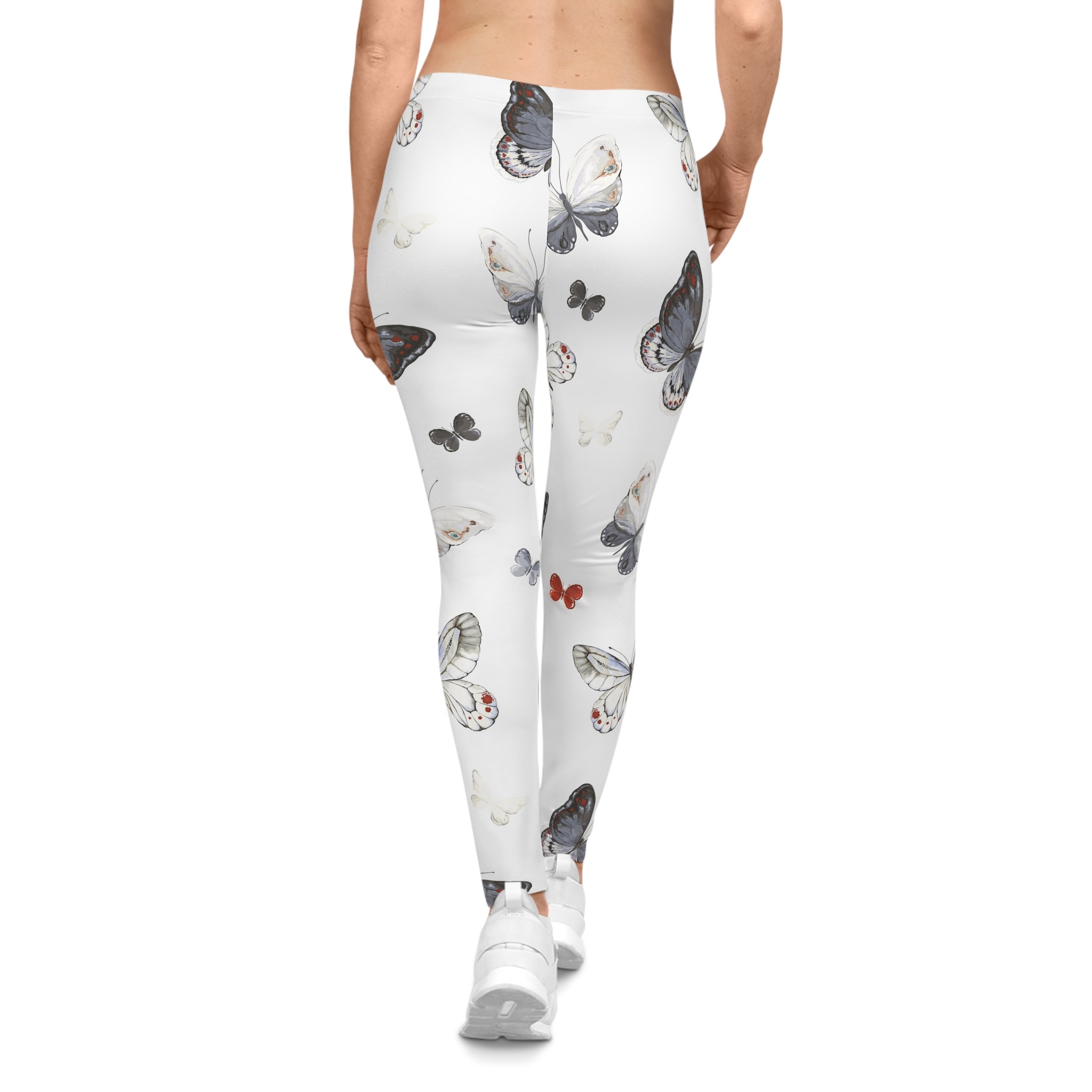 Butterfly Print Women's Leggings — White All-Over Floral Butterfly Pattern