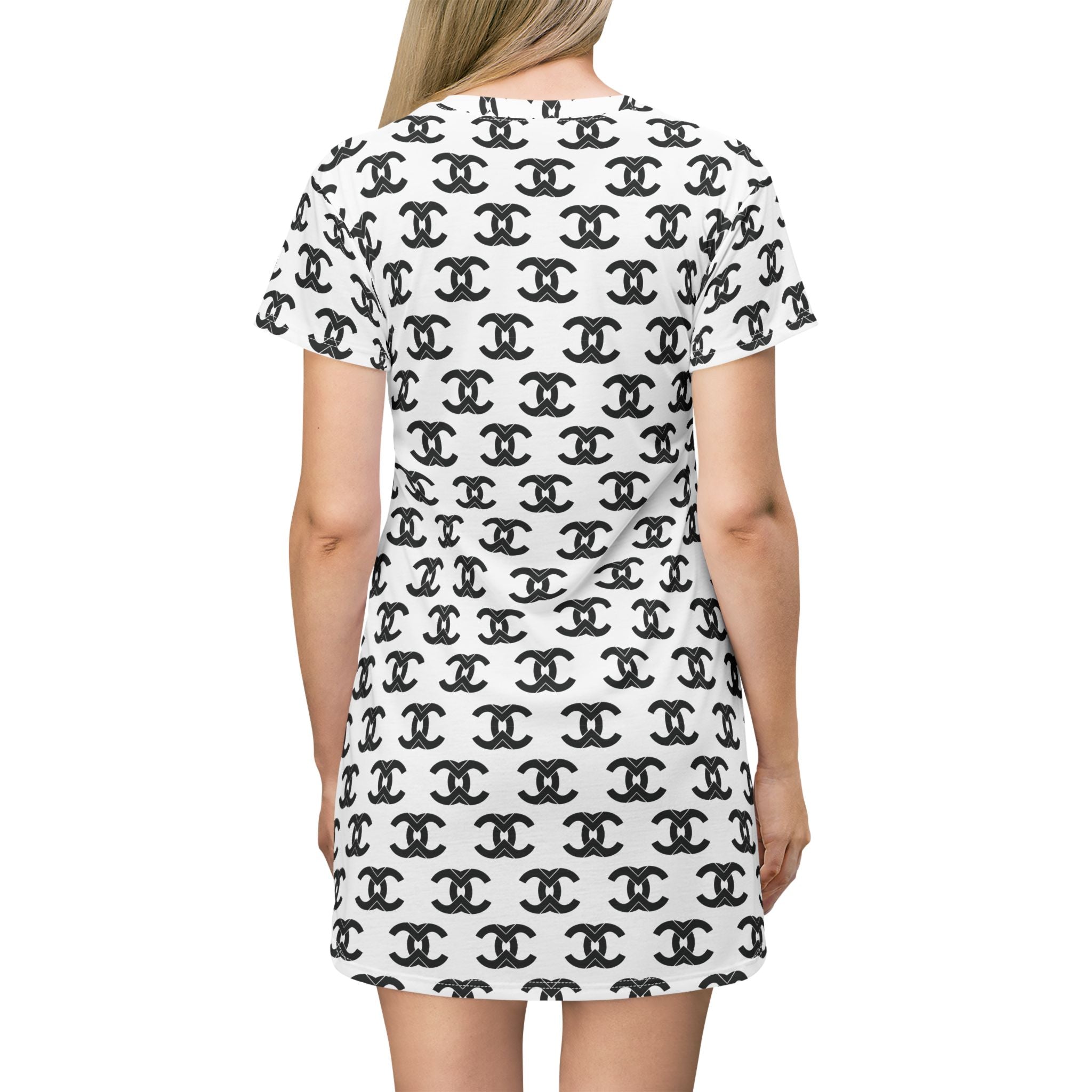 All-Over Print Logo Pattern T‑Shirt Dress — Chic Black & White Repeat Print