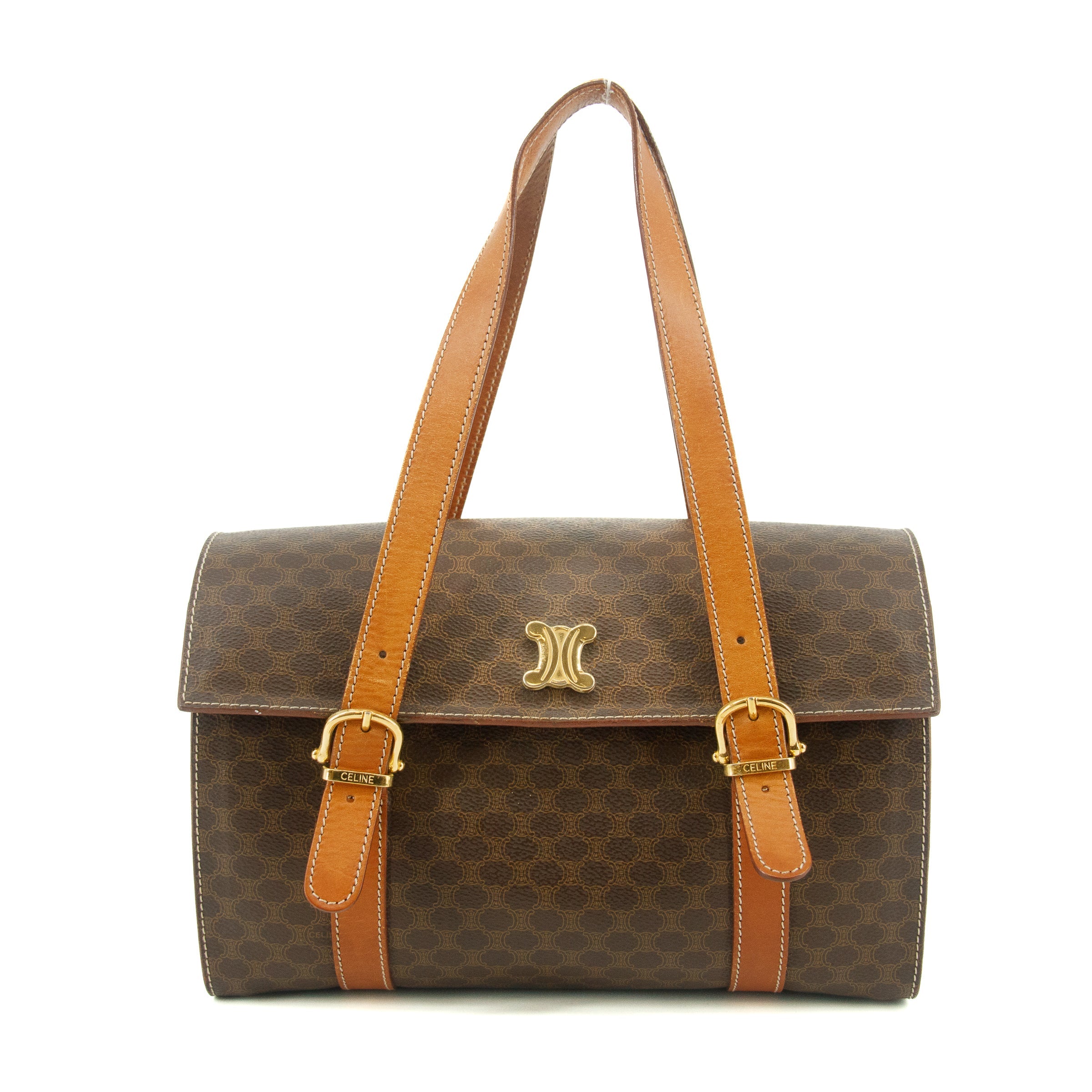 Celine Macadam Triomphe Brown Leather Boston Bag  #5367