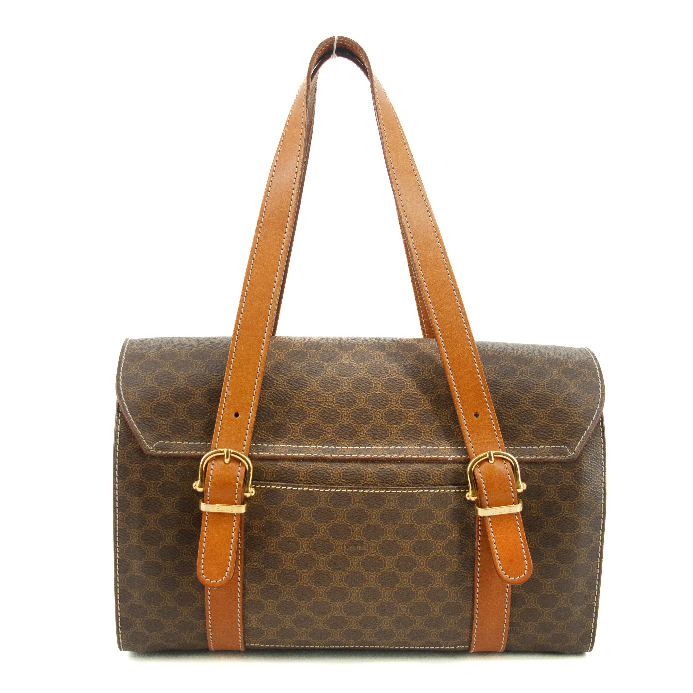 Celine Macadam Triomphe Brown Leather Boston Bag  #5367