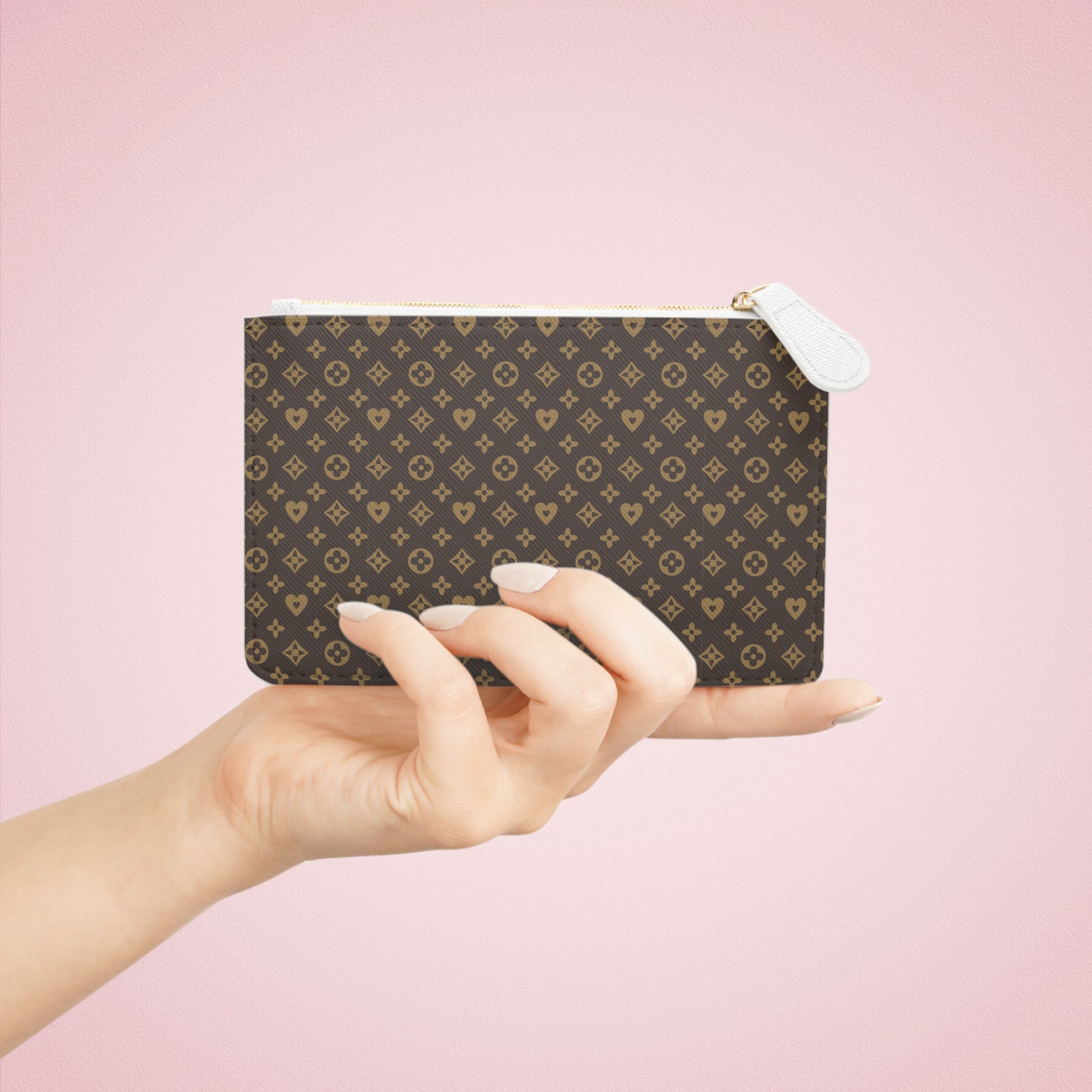 Designer-Inspired Mini Clutch Bag — Brown Monogram Wristlet Pouch