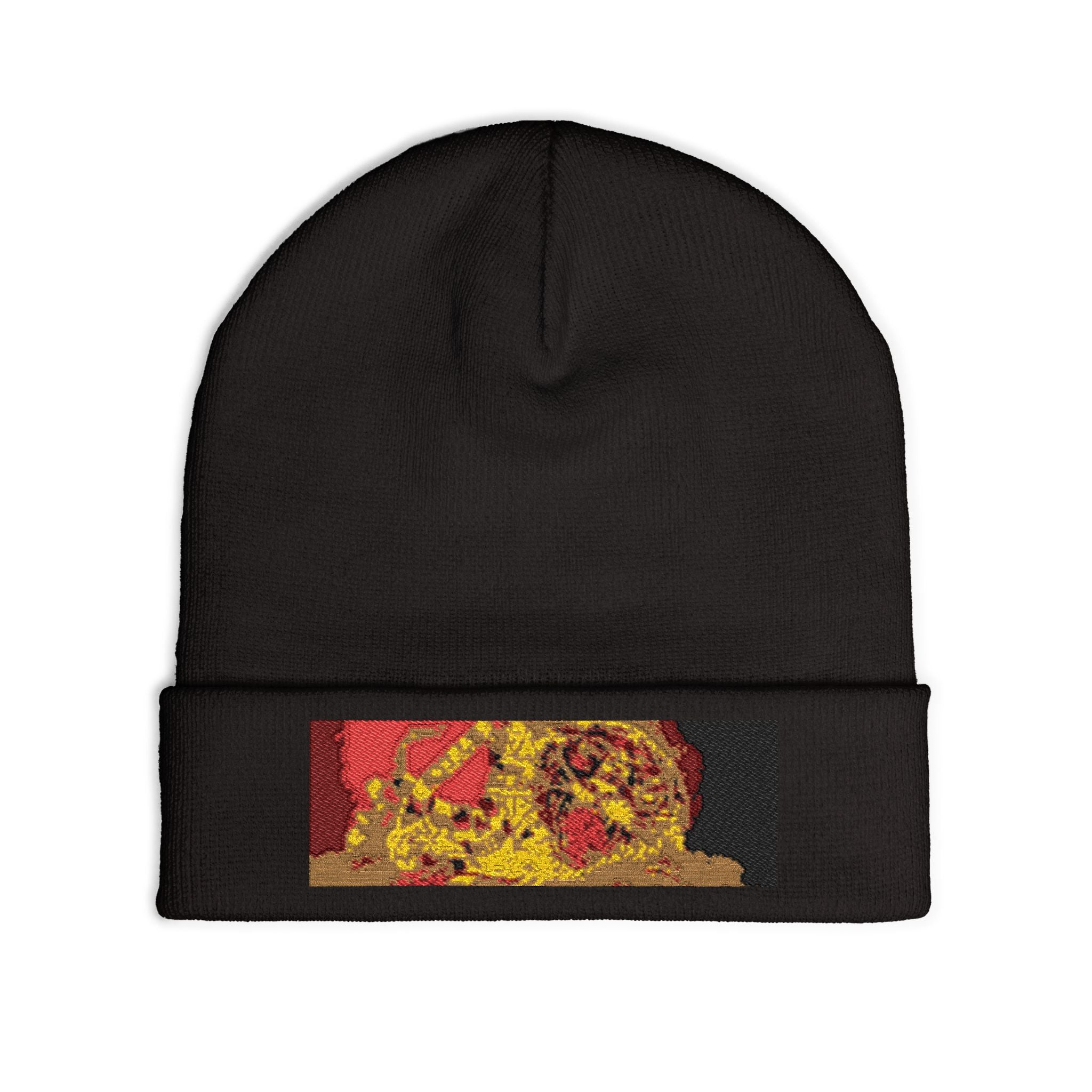 Embroidered Tiger Patch Knit Beanie - Bold Red & Gold Wildlife Cuff Hat