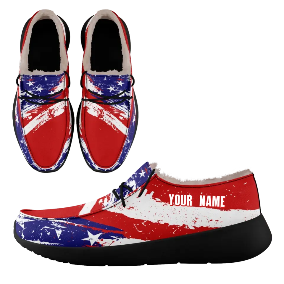 Personalized USA Flag Sneakers, Custom Stars and Stripes Loafer Shoes, Fur Lining Shoe, Pride in Comfort,FN042-24020304-1b
