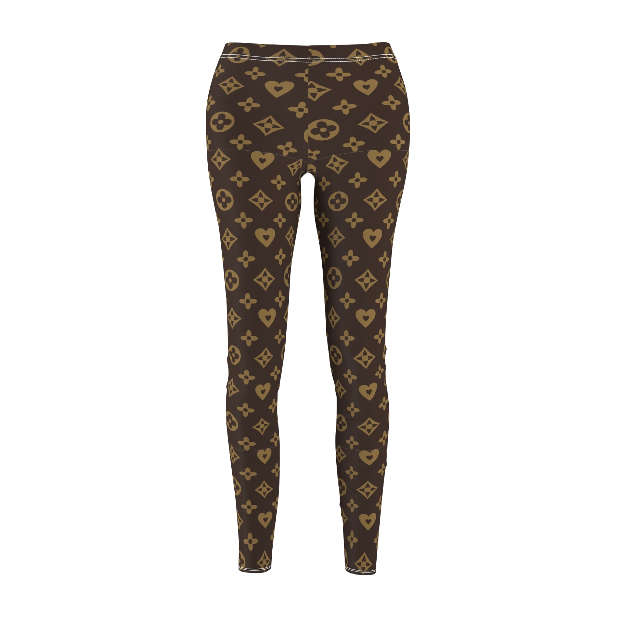 Designer-Inspired Brown Monogram Leggings — Women's All-Over Print Casual Leggings