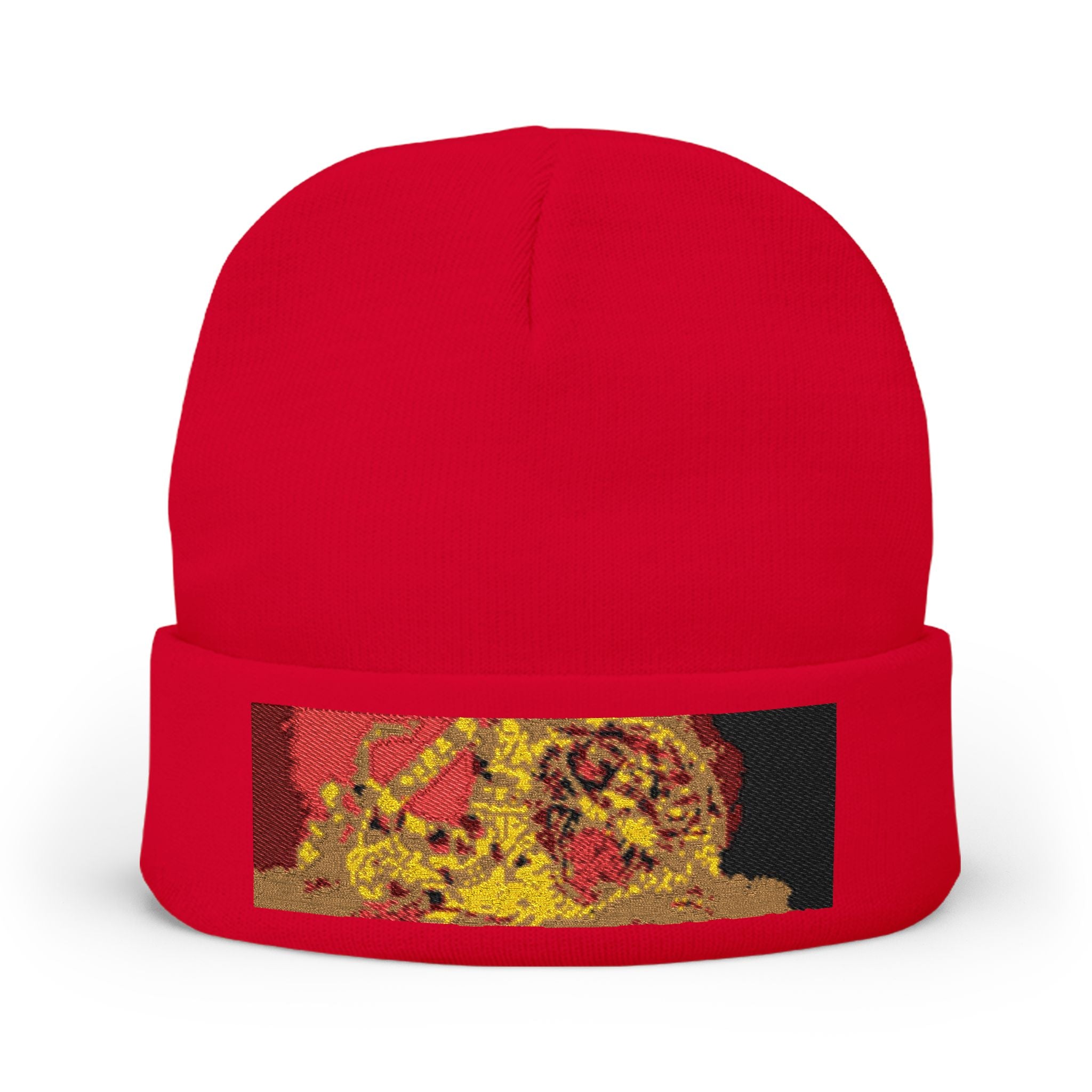 Embroidered Tiger Patch Knit Beanie - Bold Red & Gold Wildlife Cuff Hat