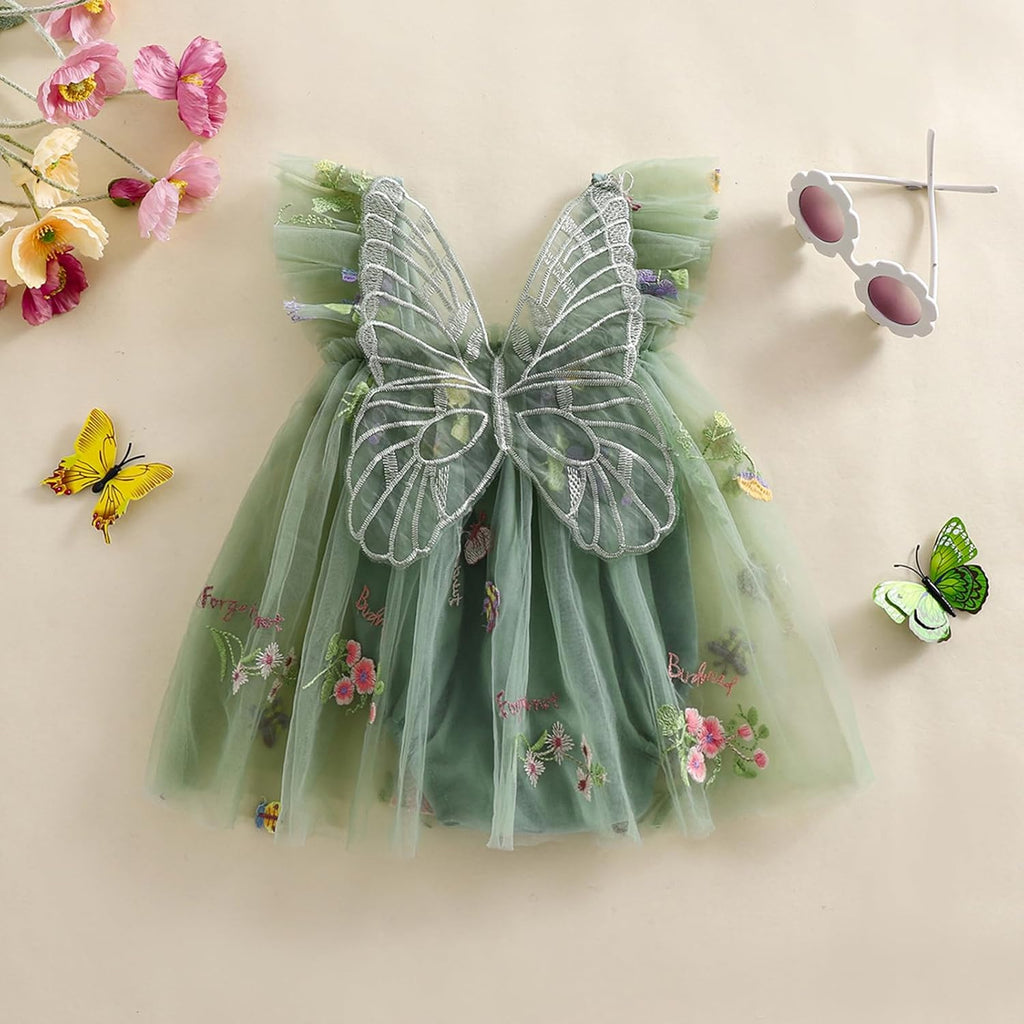 Baby Girl Halloween Costume Butterfly Wing Mesh Flower Sleeveless Tulle Fairy Romper Dress Birthday Tutu Dress