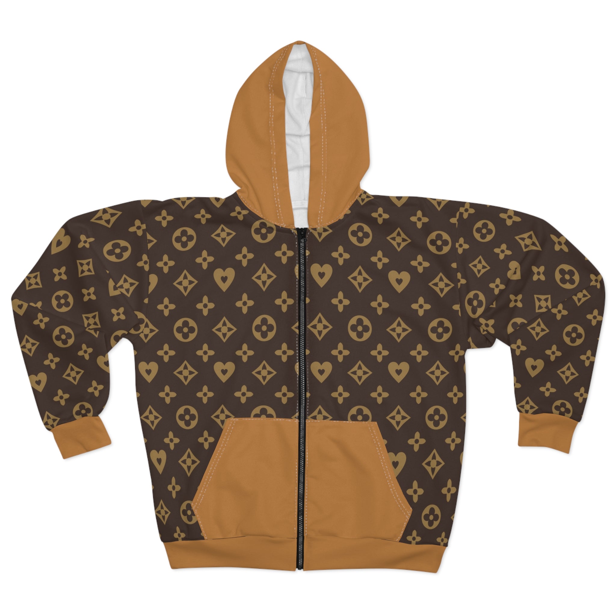 Monogram Brown Zip Hoodie — Luxe Patterned Full-Zip Hoodie