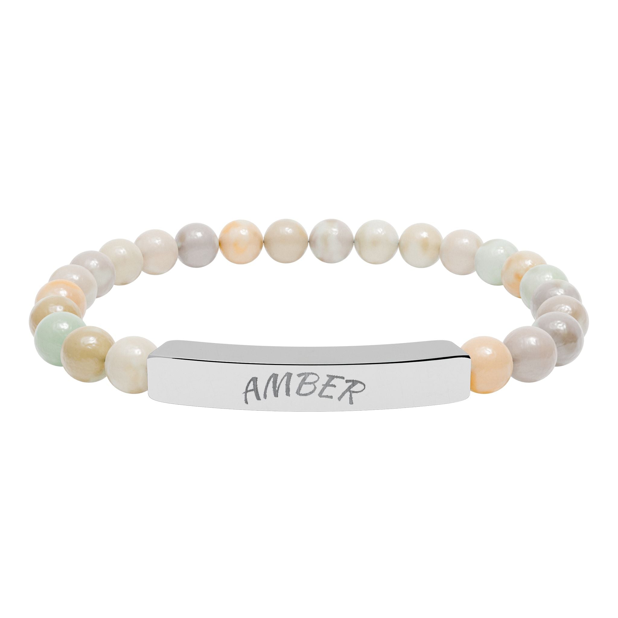Engravable Natural Stone Bar Bracelet — Personalized Stretch Beaded Bracelet (e.g., “AMBER”)