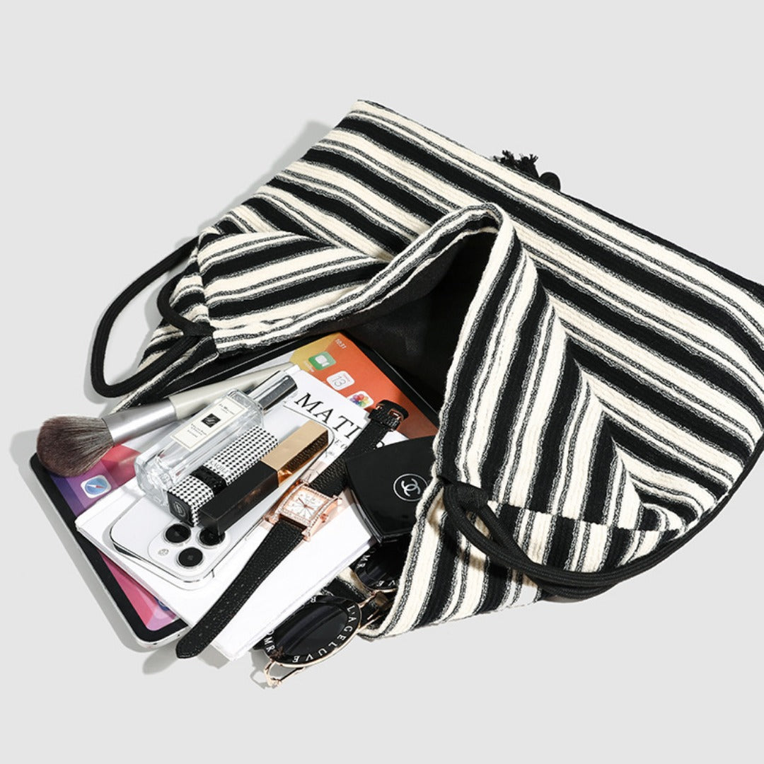 Striped commuter large capacity pumping belt women backpack purse, shoulder versatile fashion women knitted purse backpack, black and white striped backpack women