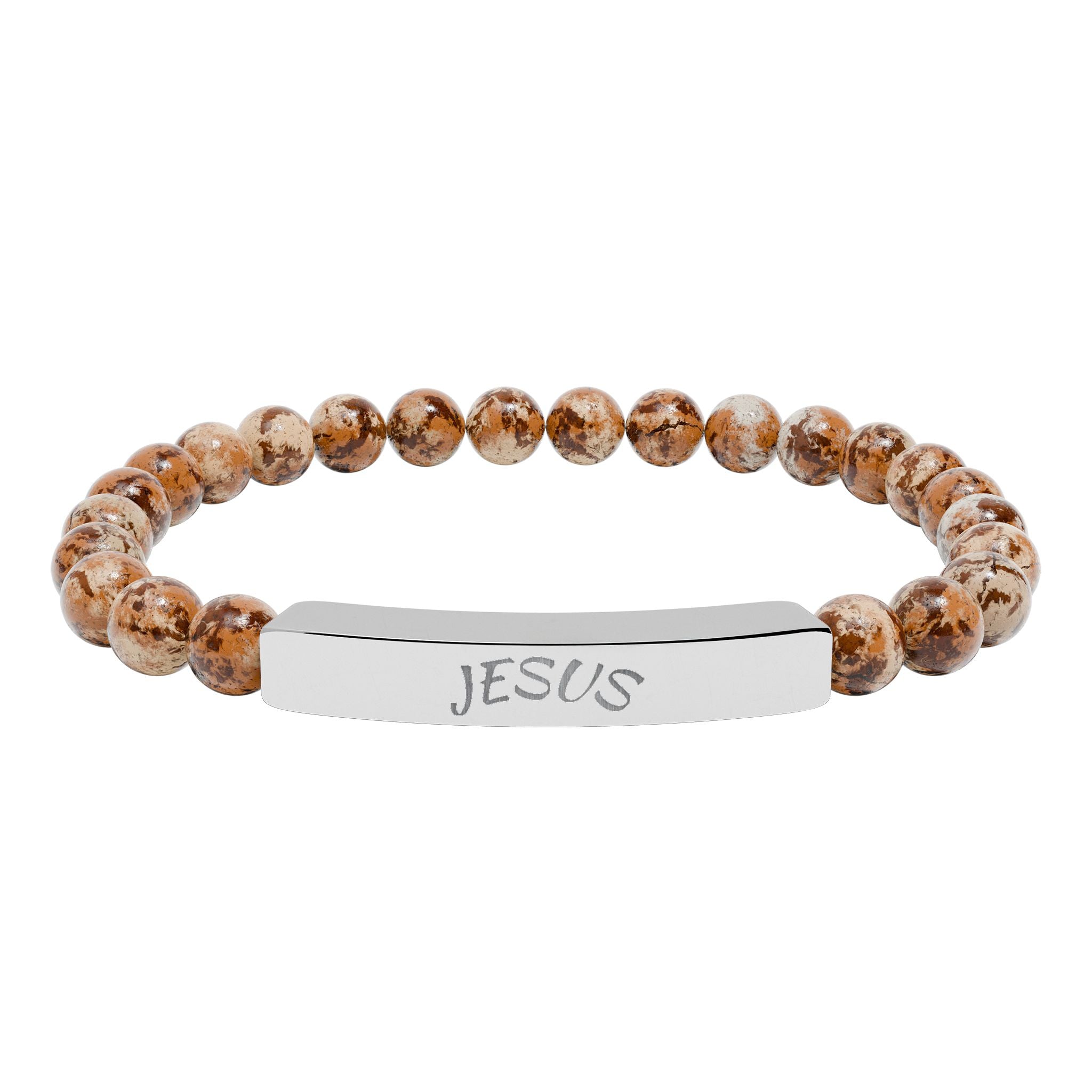 Engraved "JESUS" Natural Stone Stretch Bar Bracelet — Beaded Faith Jewelry