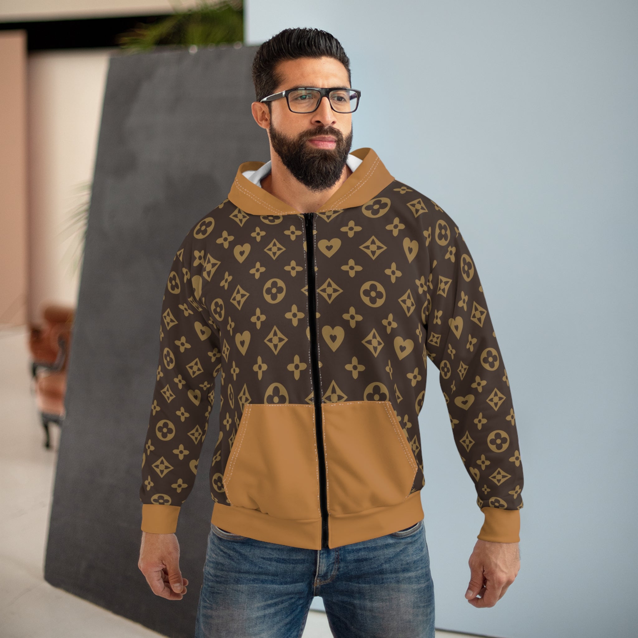 Monogram Brown Zip Hoodie — Luxe Patterned Full-Zip Hoodie