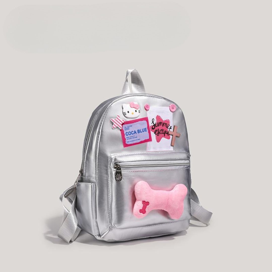 Silver metallic backpack purse for girls, school bag pink, star bone backpack fashion stylish women