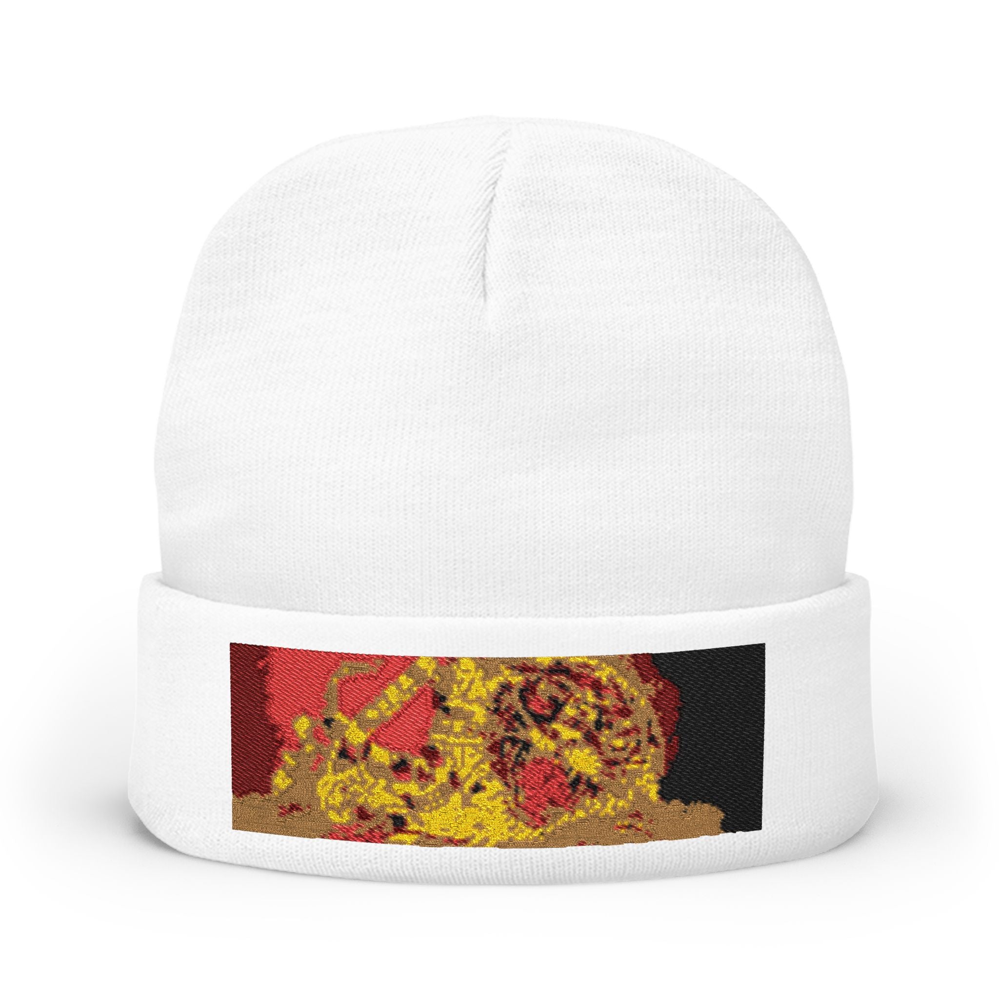 Embroidered Tiger Patch Knit Beanie - Bold Red & Gold Wildlife Cuff Hat