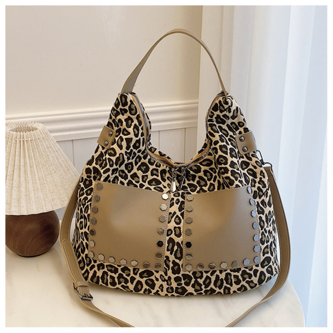 Ladies leopard print large capacity tote bag, vintage hobo bag casual, shoulder bag with crossbody strap, bag underarm bag women
